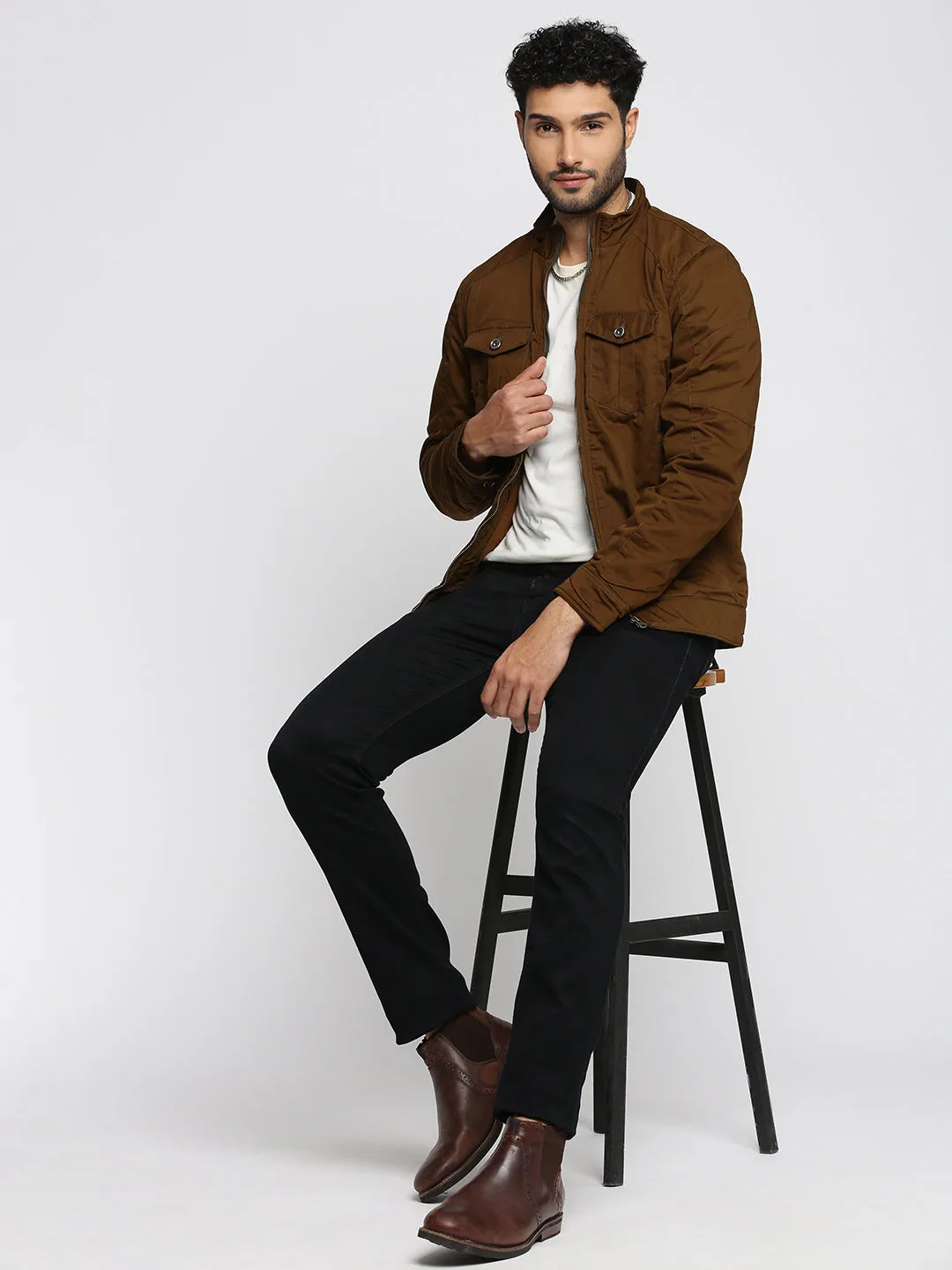 Men Brown Mock Collar Cotton Tailored Jacket