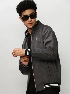 Men Grey Mock Collar Bomber Jacket