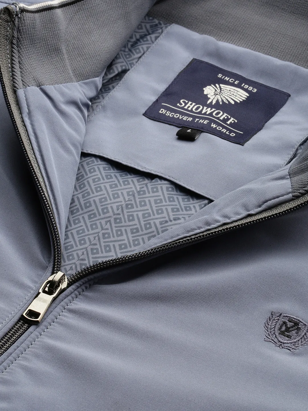 Men Grey Solid Casual Bomber Jackets