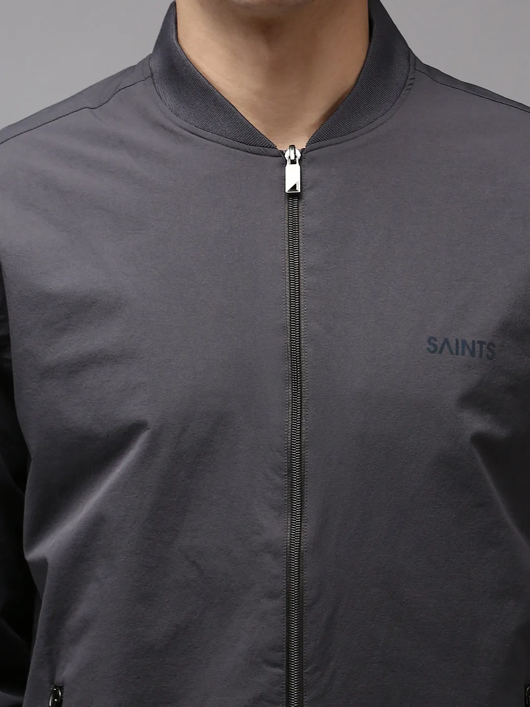 Men Grey Water Resistant Bomber Jacket