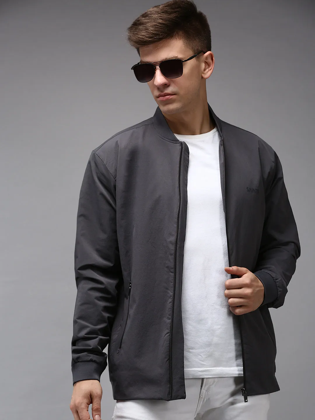 Men Grey Water Resistant Bomber Jacket