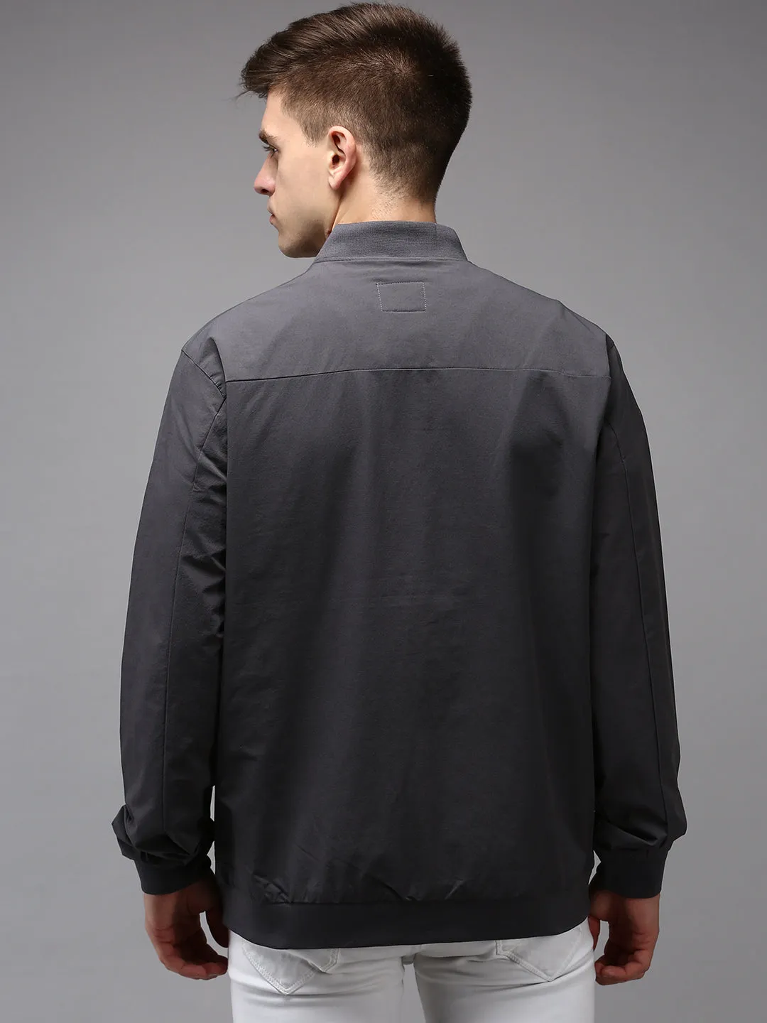 Men Grey Water Resistant Bomber Jacket