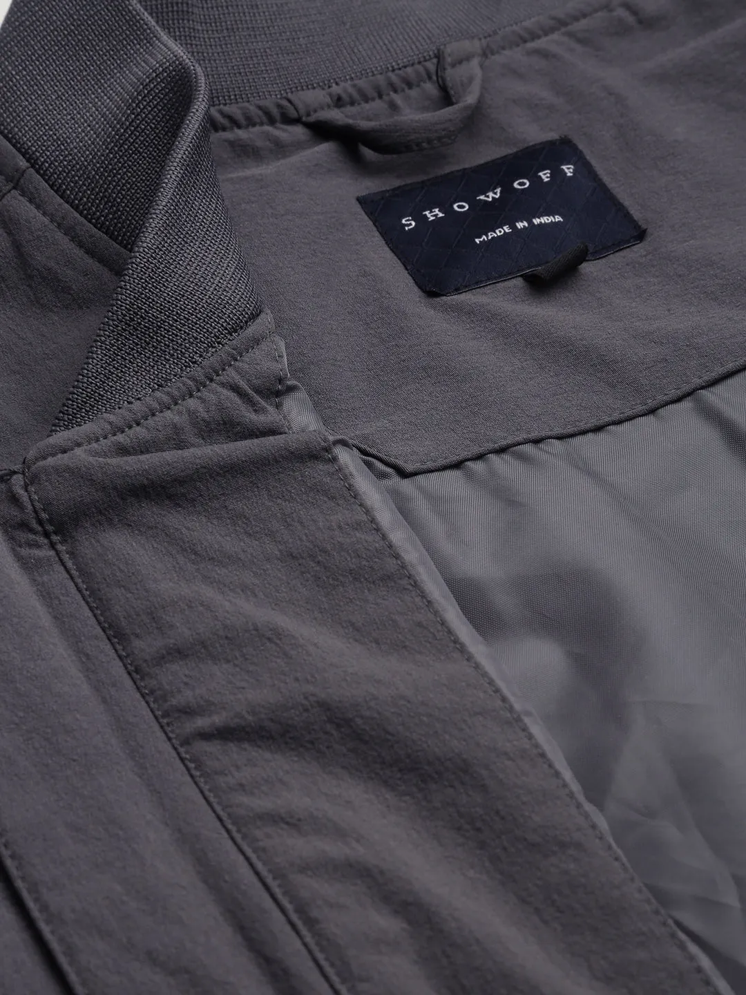 Men Grey Water Resistant Bomber Jacket