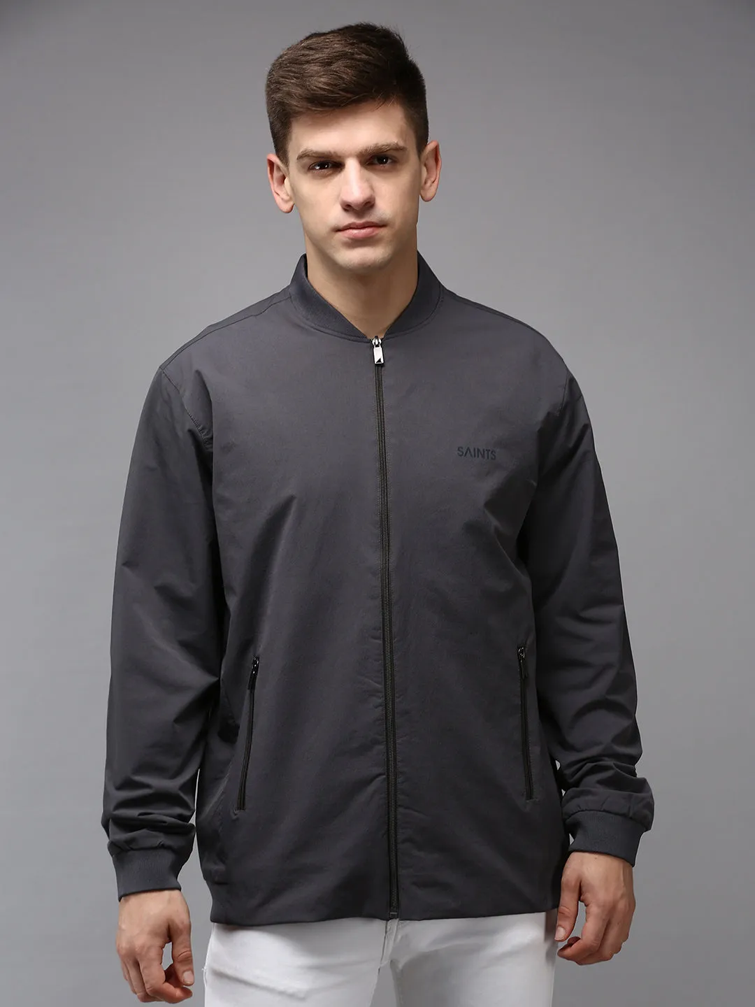 Men Grey Water Resistant Bomber Jacket