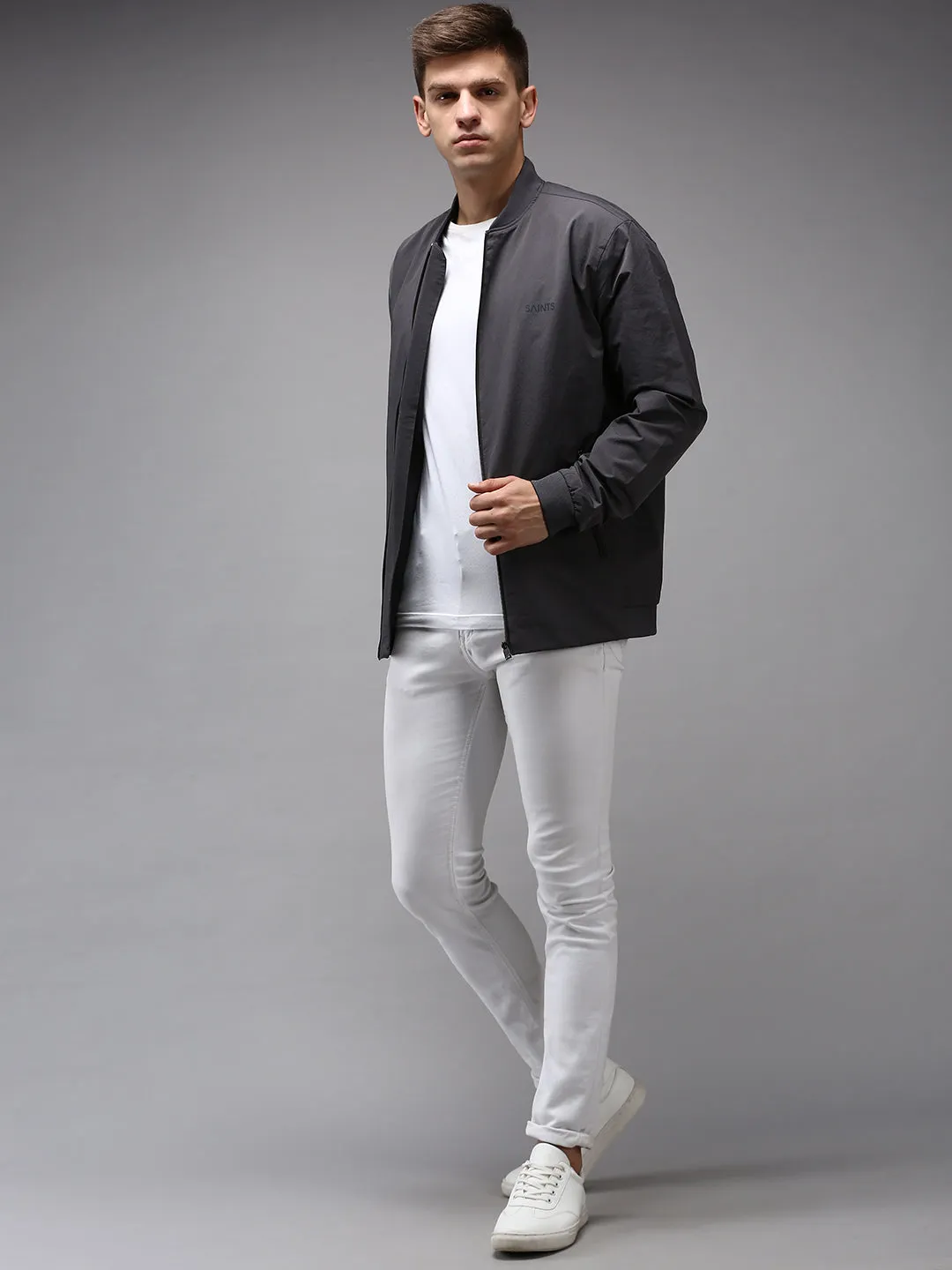 Men Grey Water Resistant Bomber Jacket