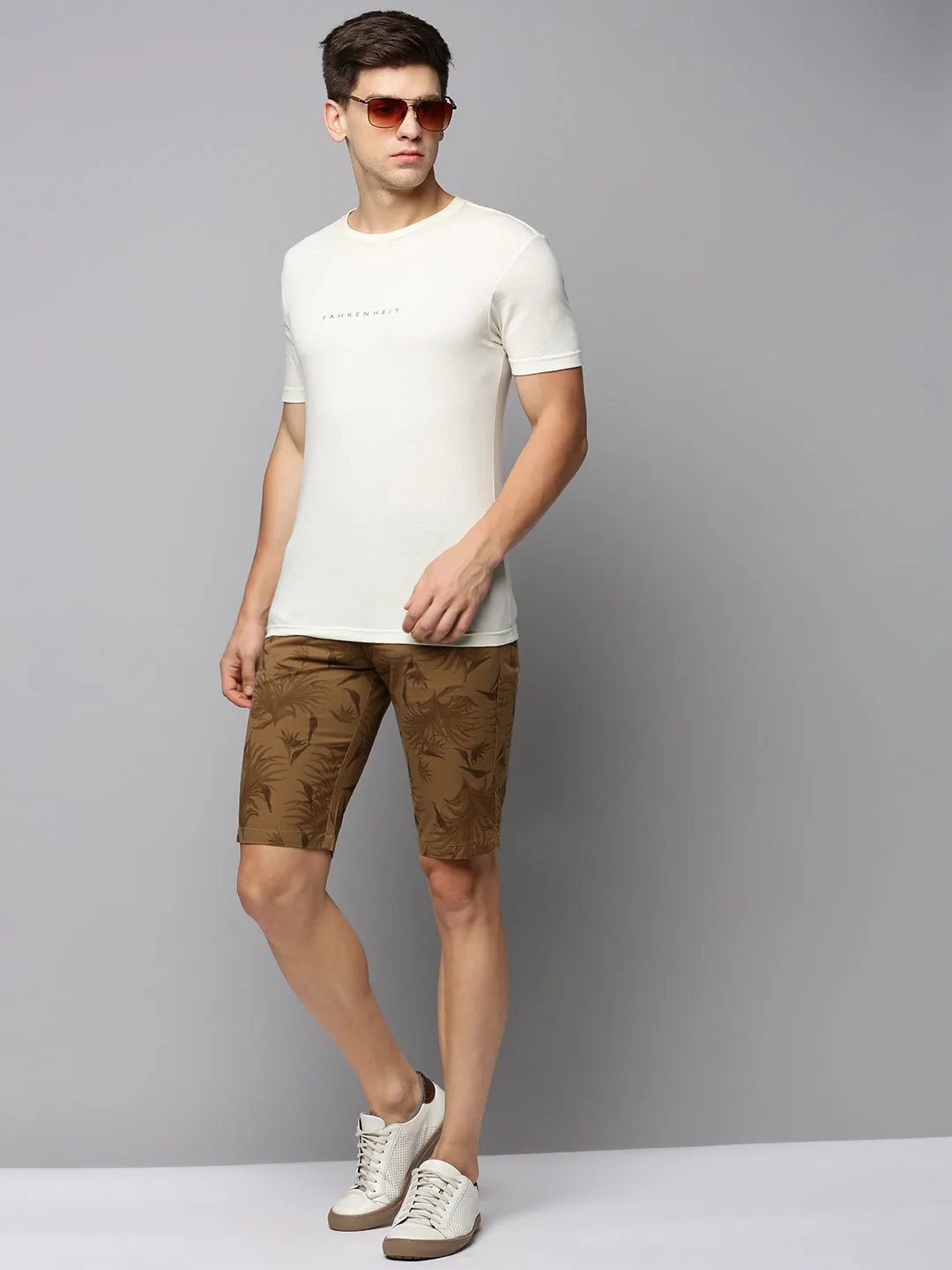 Men Khaki Tropical Printed Cotton Shorts