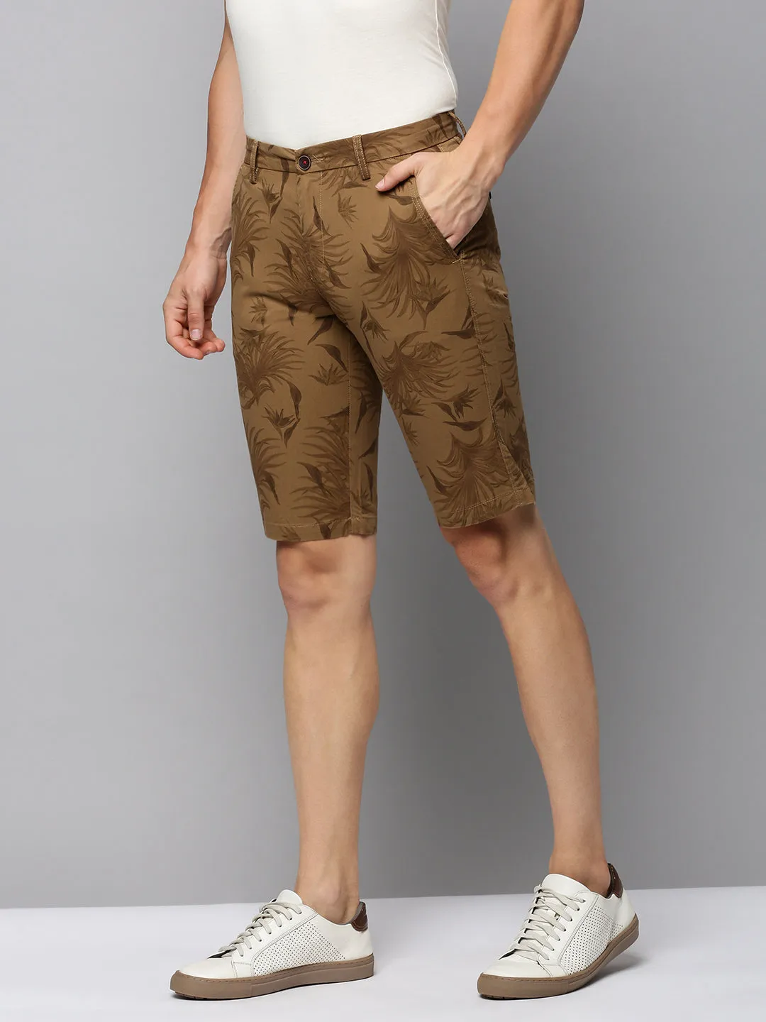 Men Khaki Tropical Printed Cotton Shorts