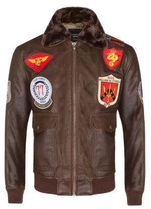 Mens Brown Leather US Aviator Bomber Jacket - Warsaw