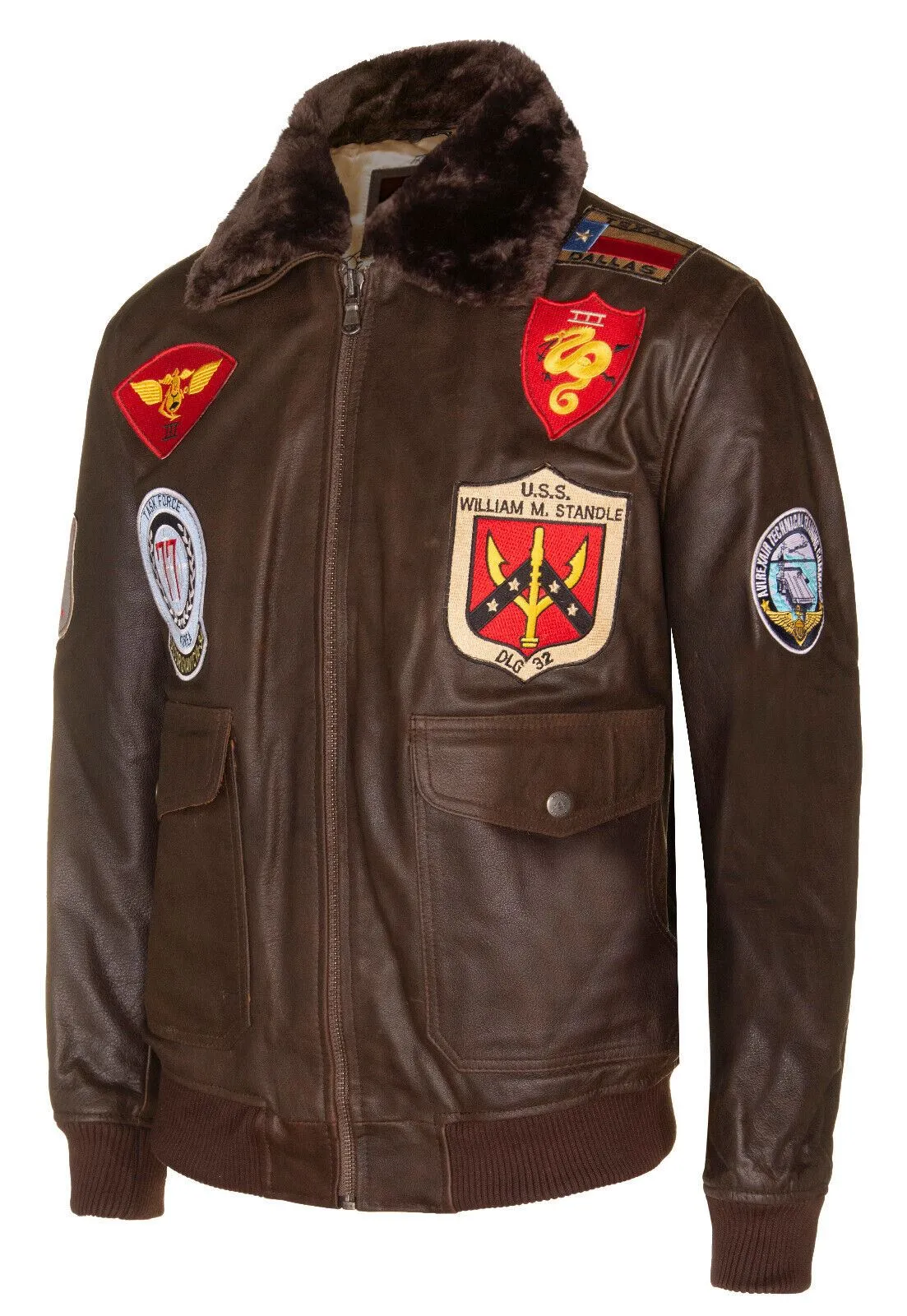 Mens Brown Leather US Aviator Bomber Jacket - Warsaw