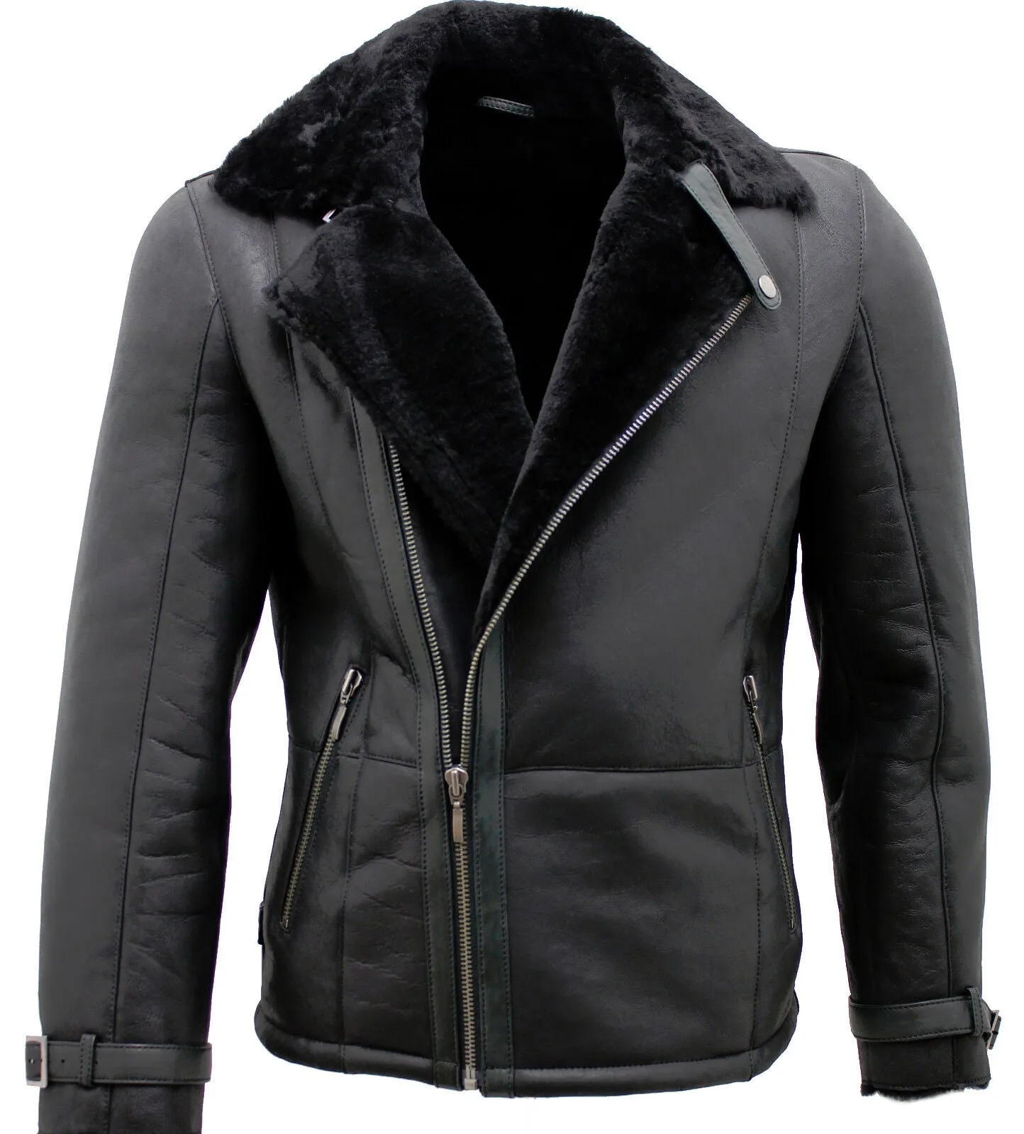 Mens Double Breasted Sheepskin Leather Biker Jacket-Manila