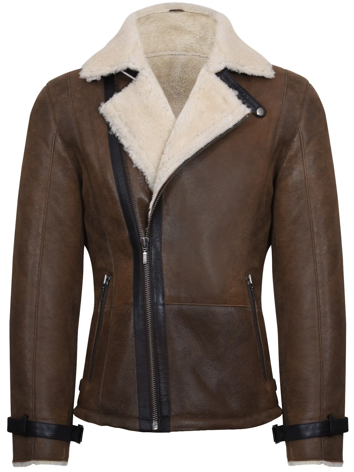 Mens Double Breasted Sheepskin Leather Biker Jacket-Manila