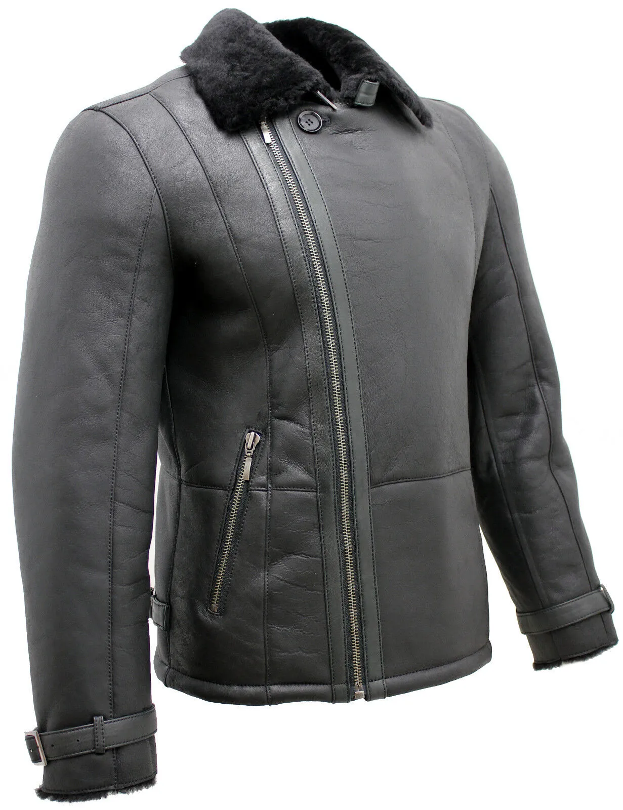 Mens Double Breasted Sheepskin Leather Biker Jacket-Manila