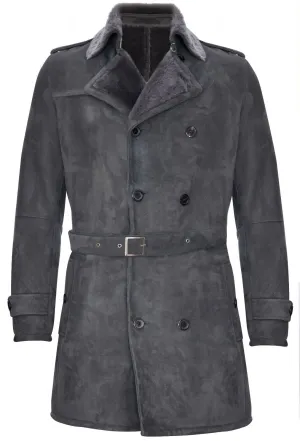 Mens Shearling Sheepskin Suede Pea Coat-Cali