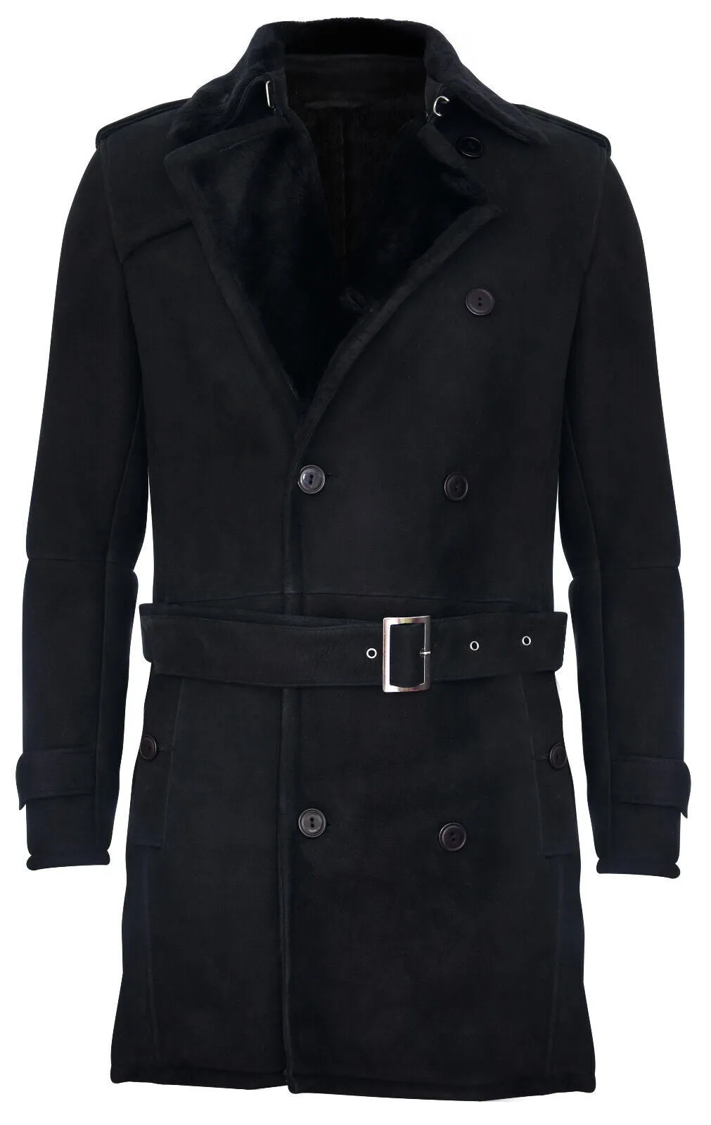 Mens Shearling Sheepskin Suede Pea Coat-Cali