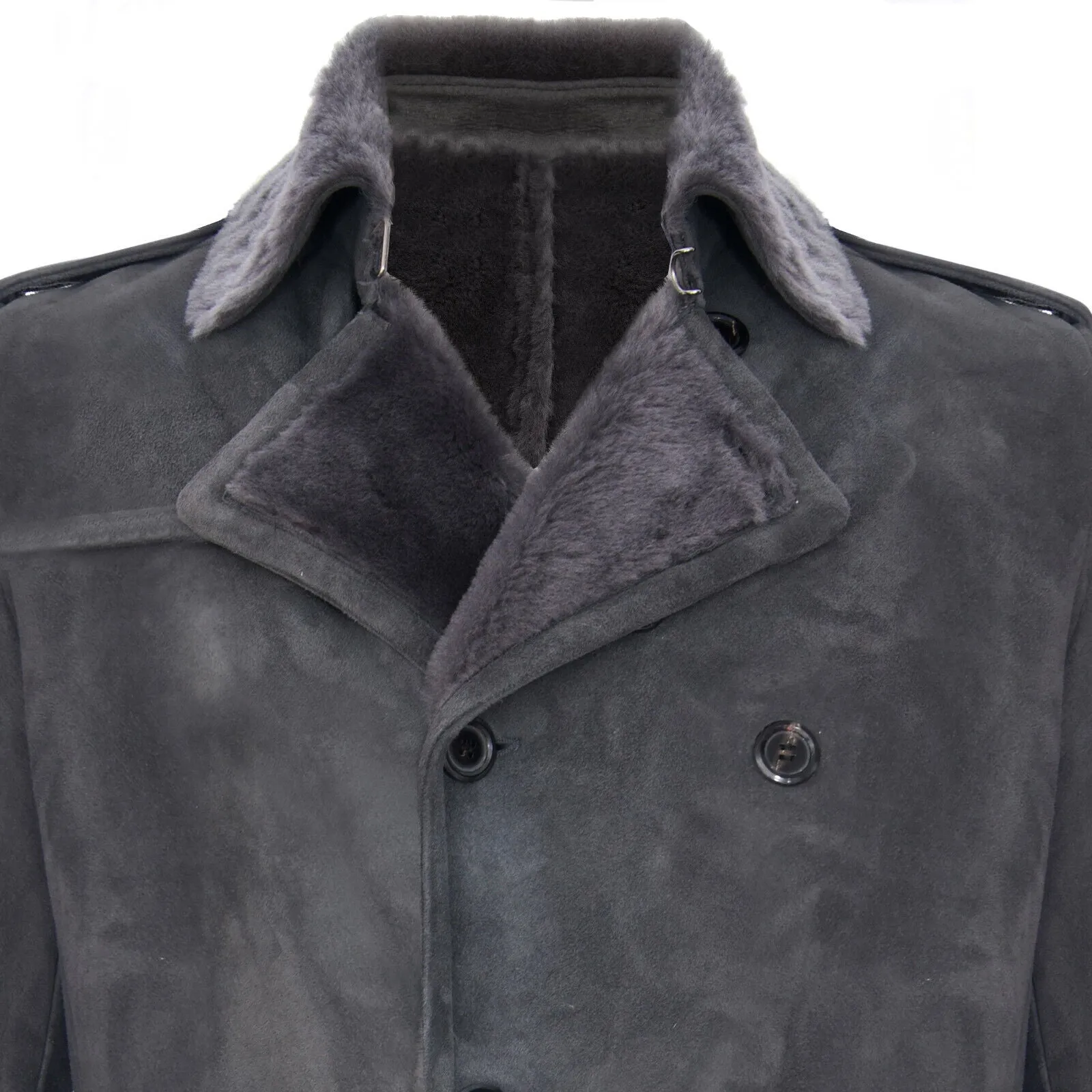 Mens Shearling Sheepskin Suede Pea Coat-Cali