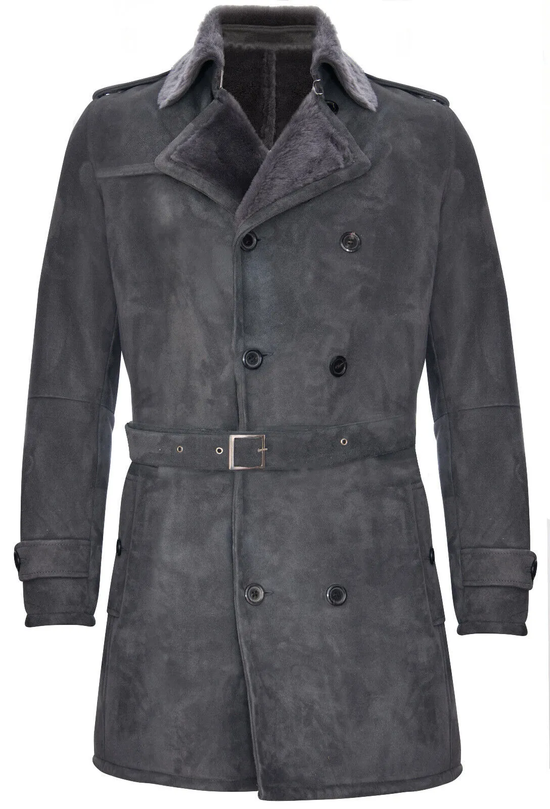 Mens Shearling Sheepskin Suede Pea Coat-Cali