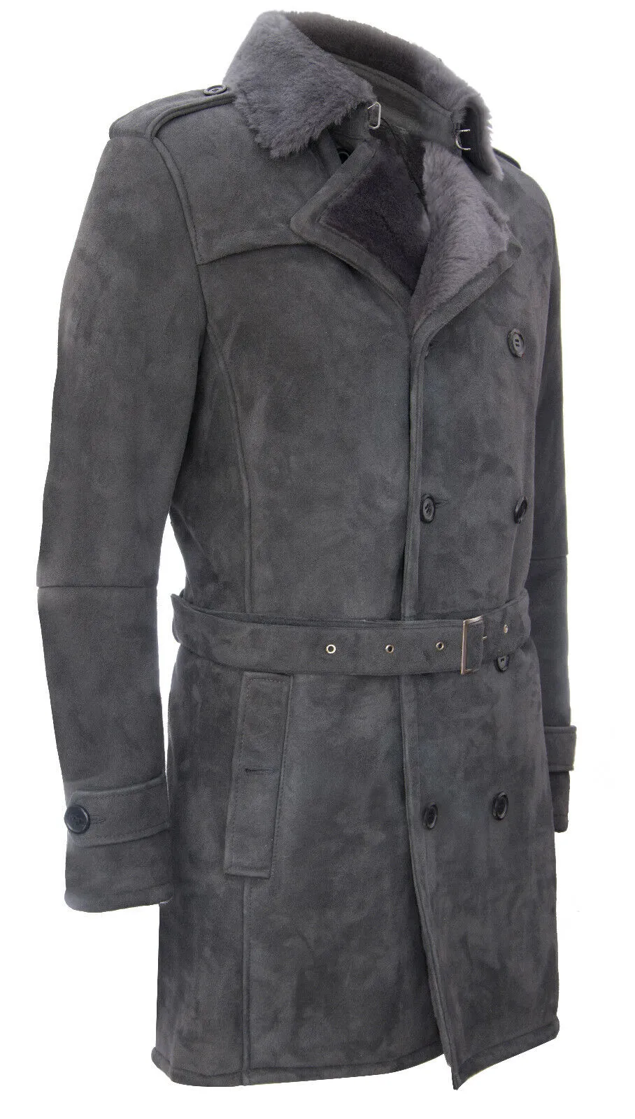 Mens Shearling Sheepskin Suede Pea Coat-Cali