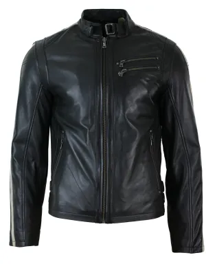 Men'sLeather Biker Racing Jacket Stripes Sleeves