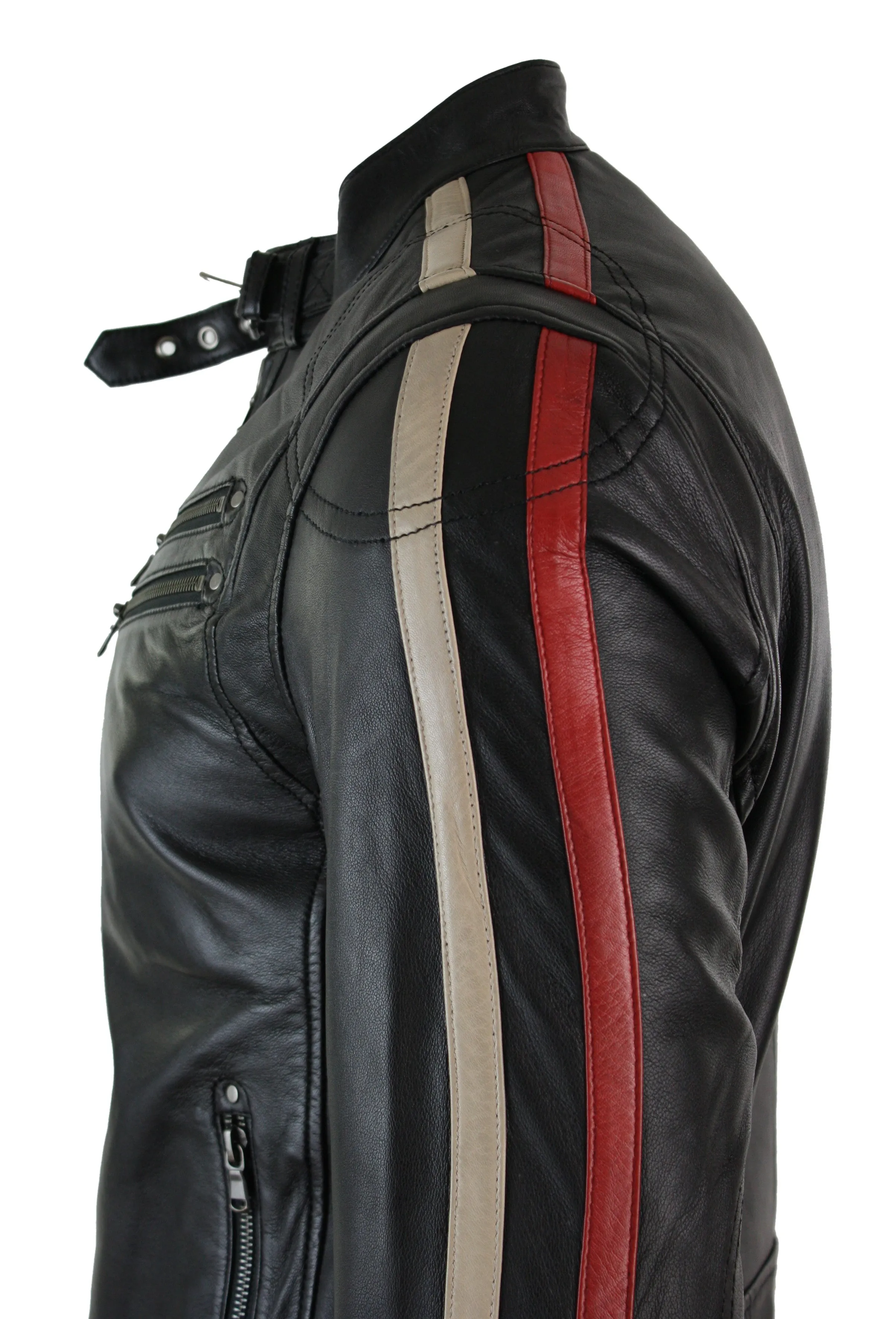 Men'sLeather Biker Racing Jacket Stripes Sleeves