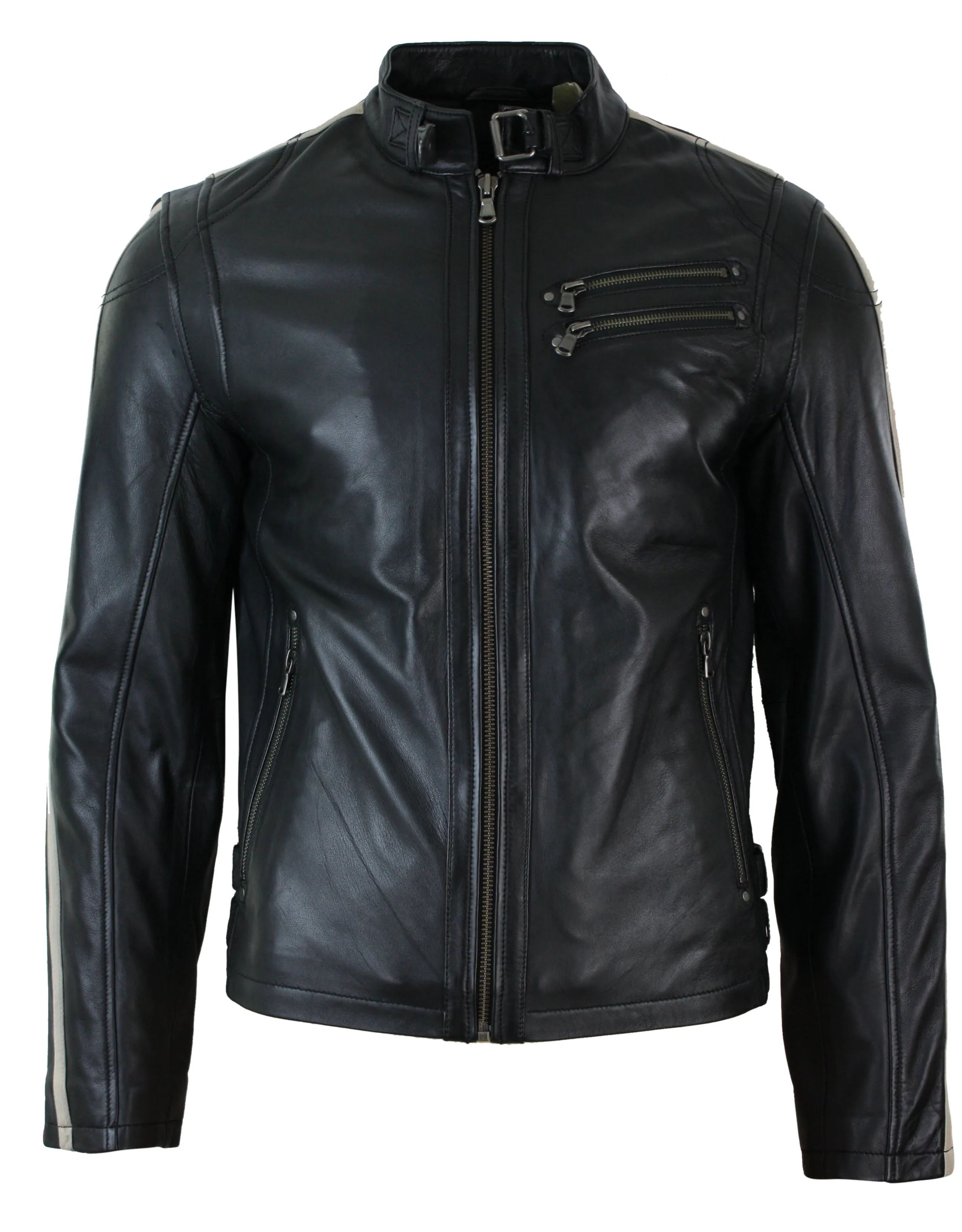 Men'sLeather Biker Racing Jacket Stripes Sleeves