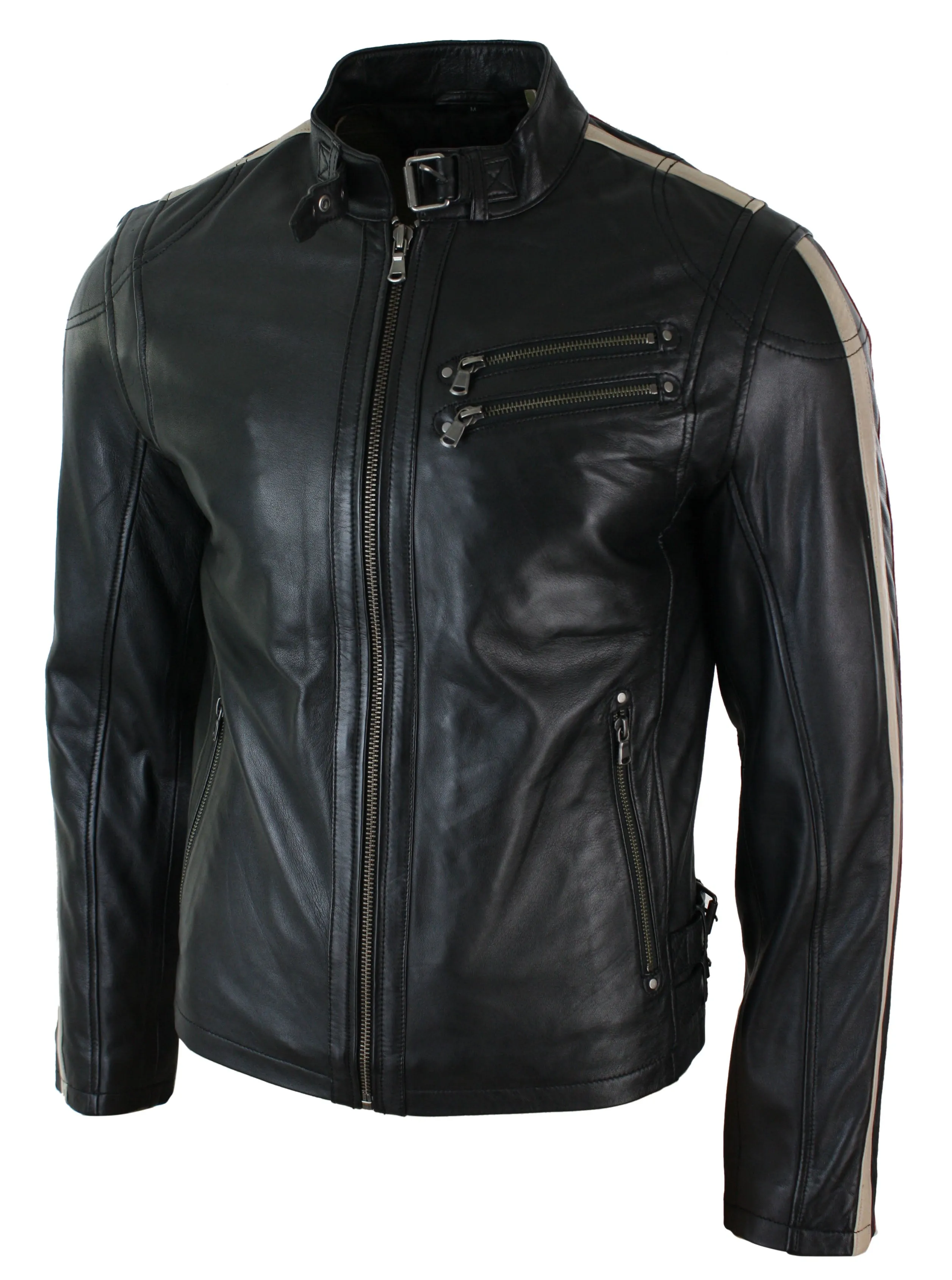 Men'sLeather Biker Racing Jacket Stripes Sleeves