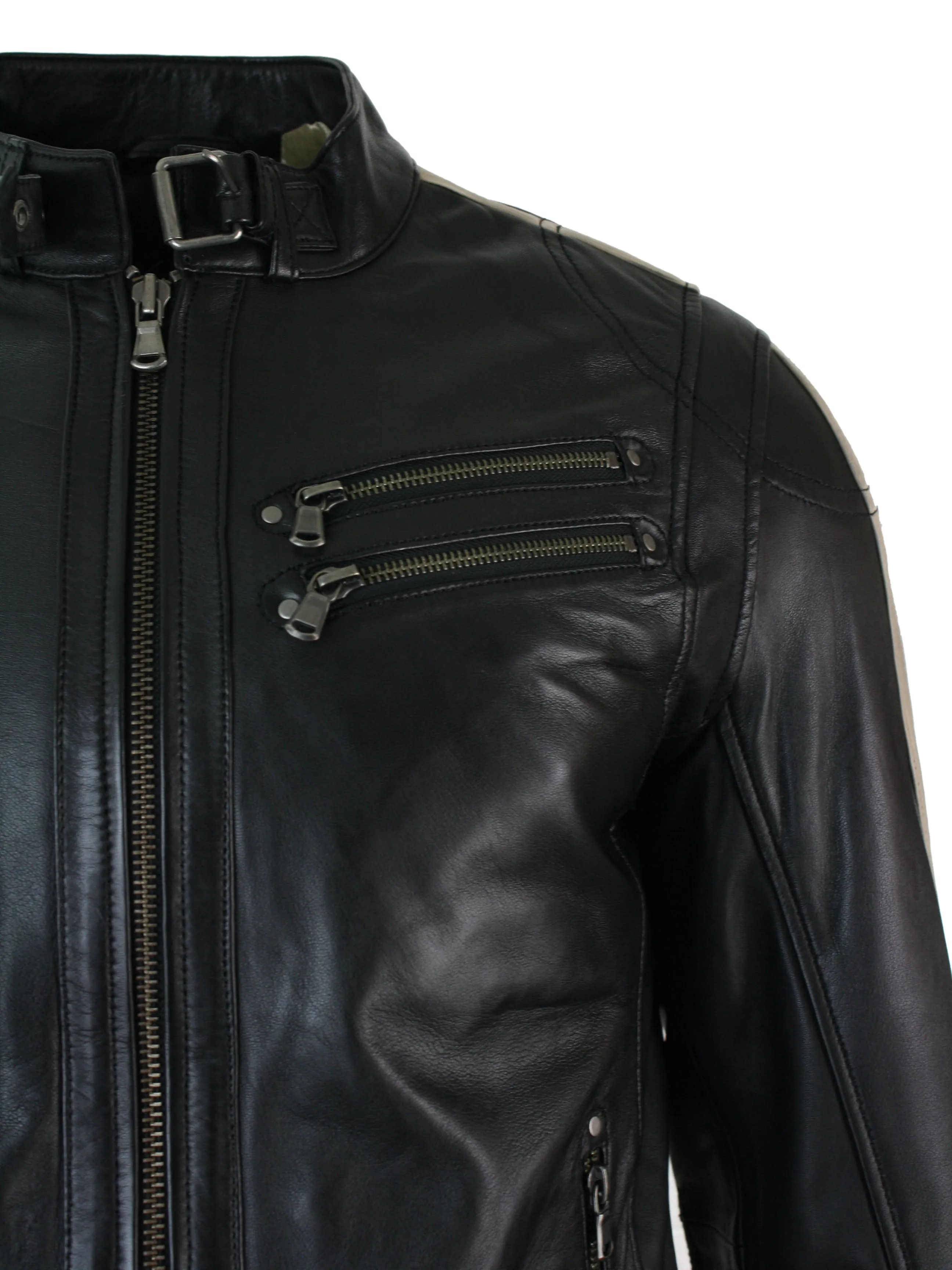 Men'sLeather Biker Racing Jacket Stripes Sleeves