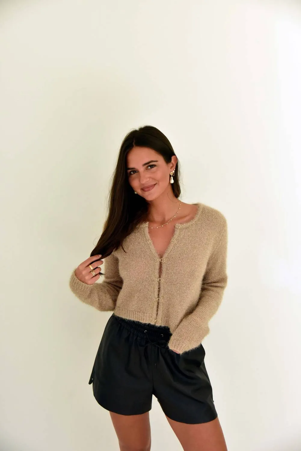 Metallic Gold Hook And Eye Sweater In Brown