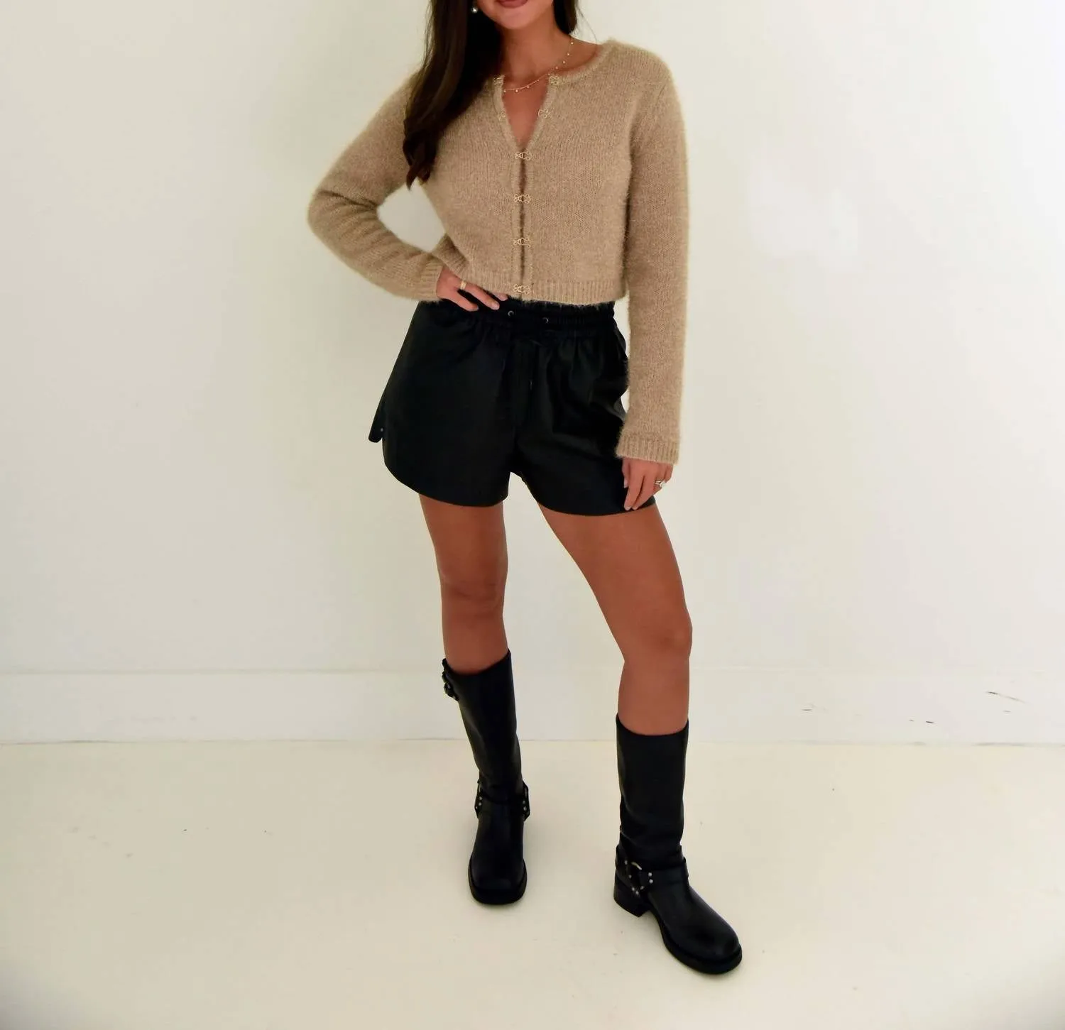 Metallic Gold Hook And Eye Sweater In Brown