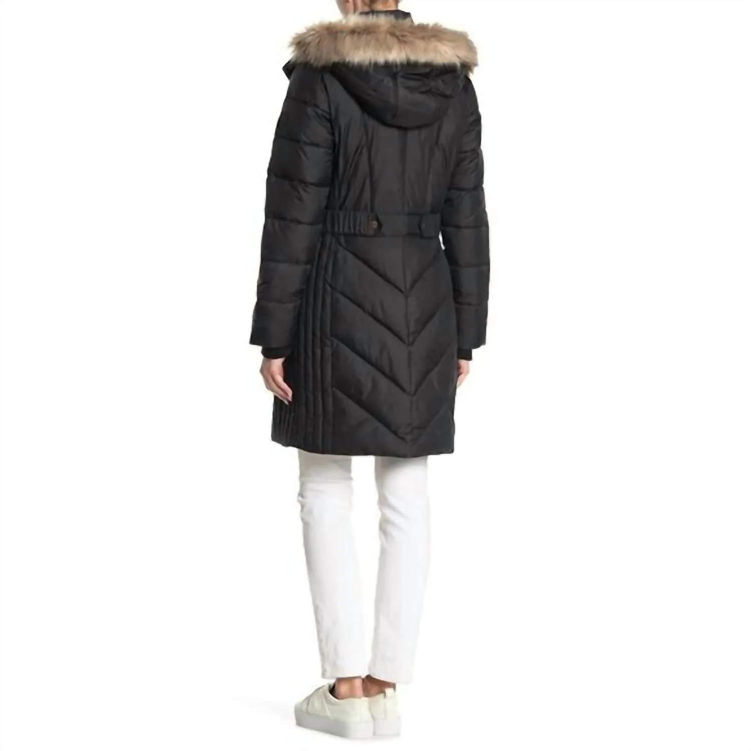Mid Length Faux Fur Hooded Puffer Jacket In Gray