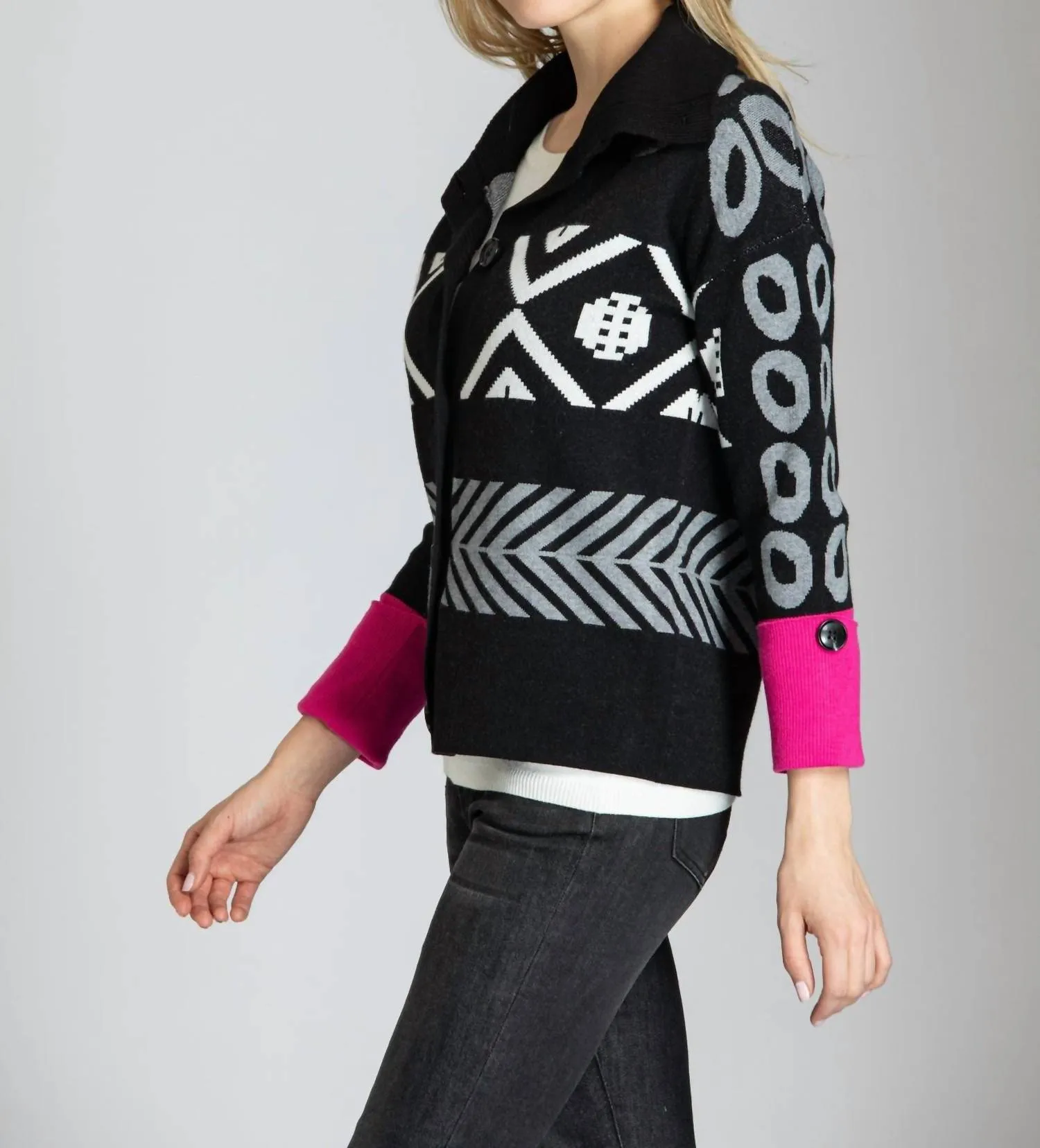 Nordic Cardigan In Black And Pink