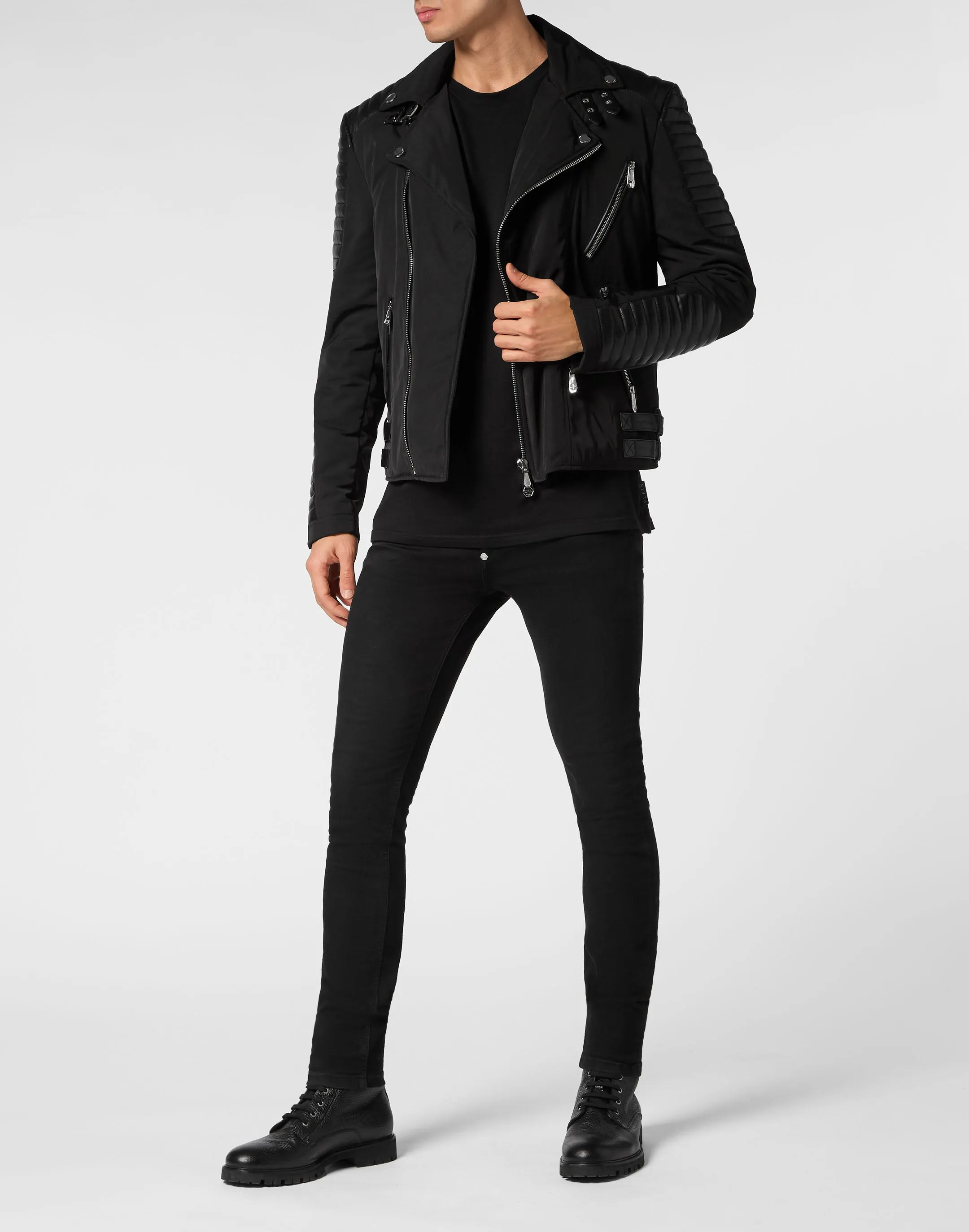 Nylon Biker Jacket With Leather Padding