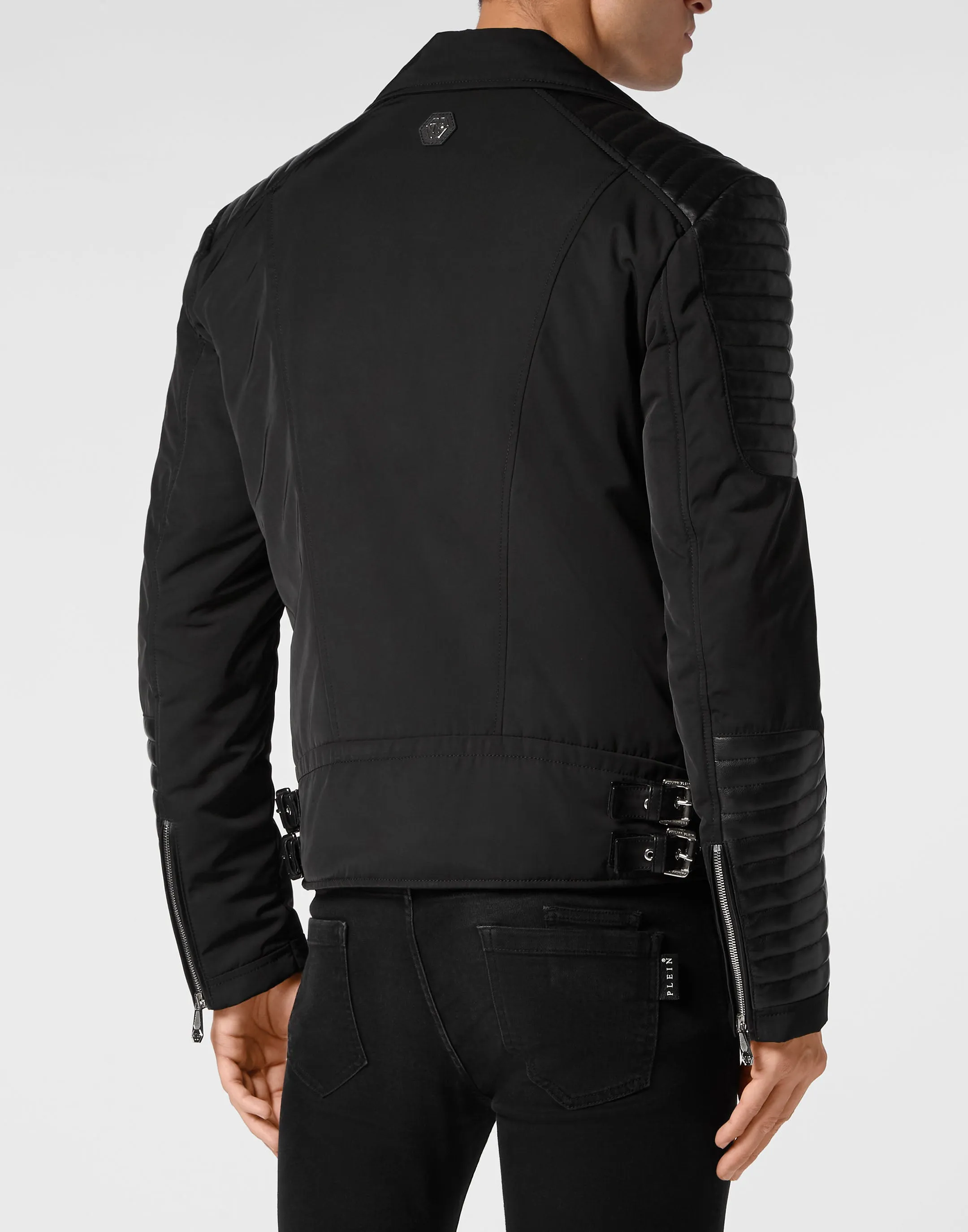Nylon Biker Jacket With Leather Padding