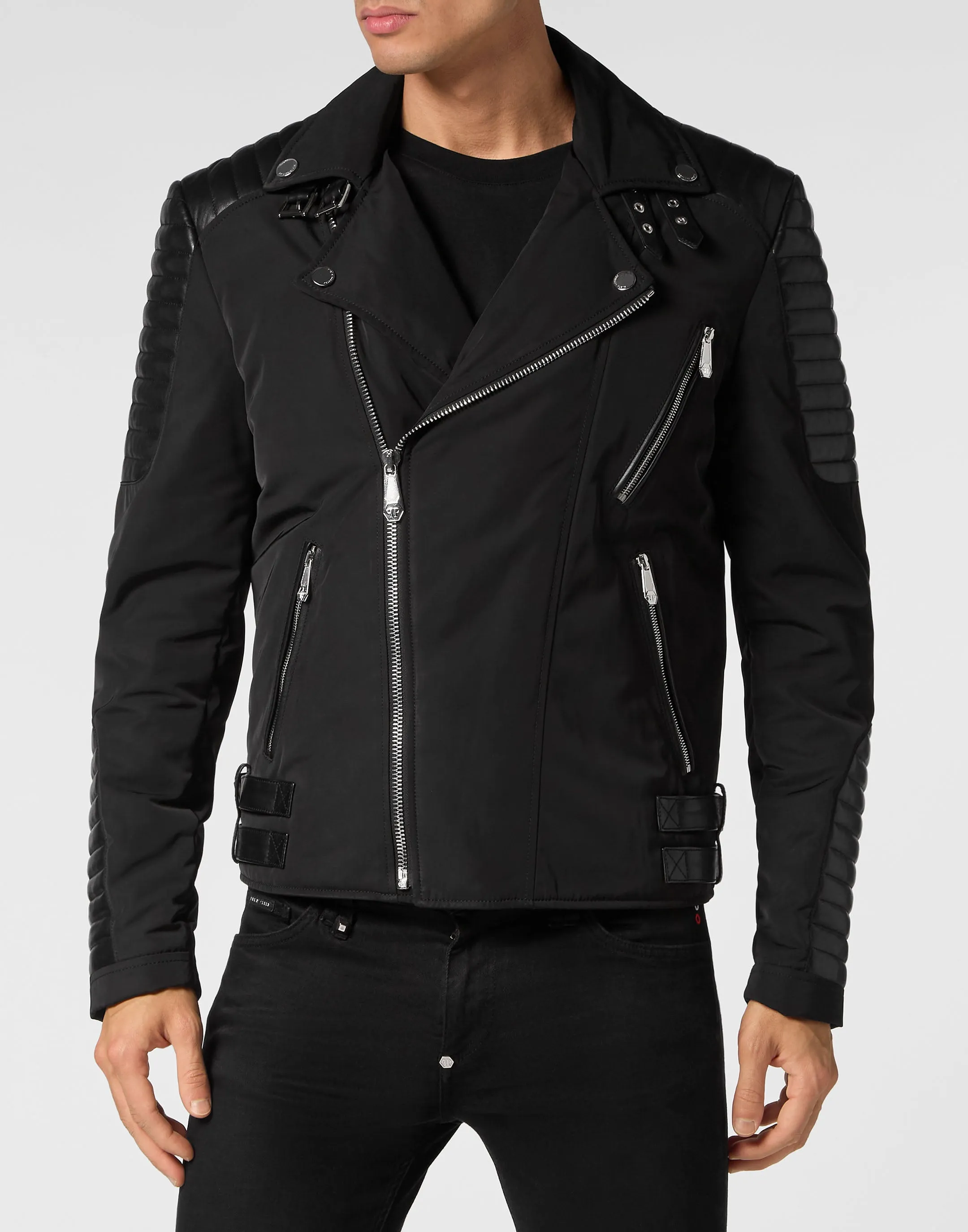 Nylon Biker Jacket With Leather Padding