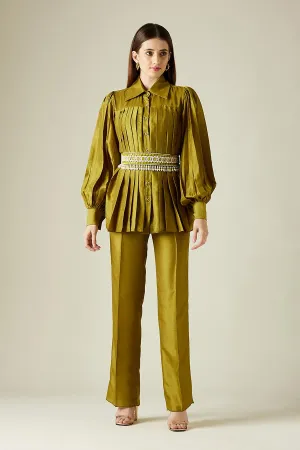 Olive Pleated Co-Ord Set With Embellished Belt