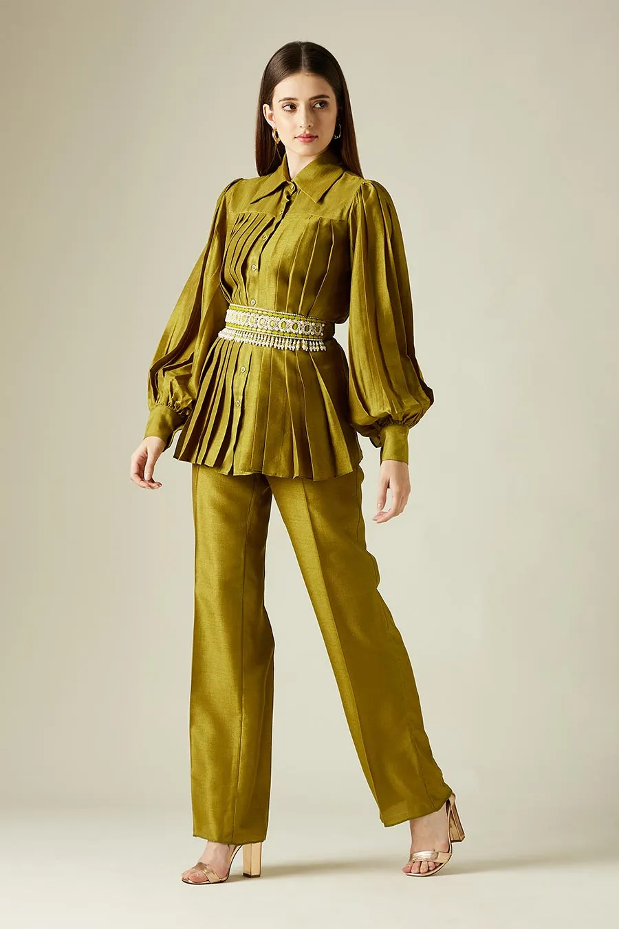 Olive Pleated Co-Ord Set With Embellished Belt