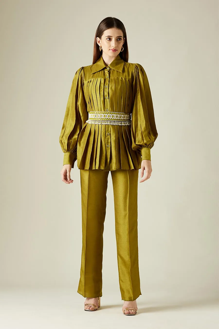 Olive Pleated Co-Ord Set With Embellished Belt