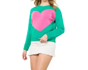 Pink Heart Knit Sweater In Green