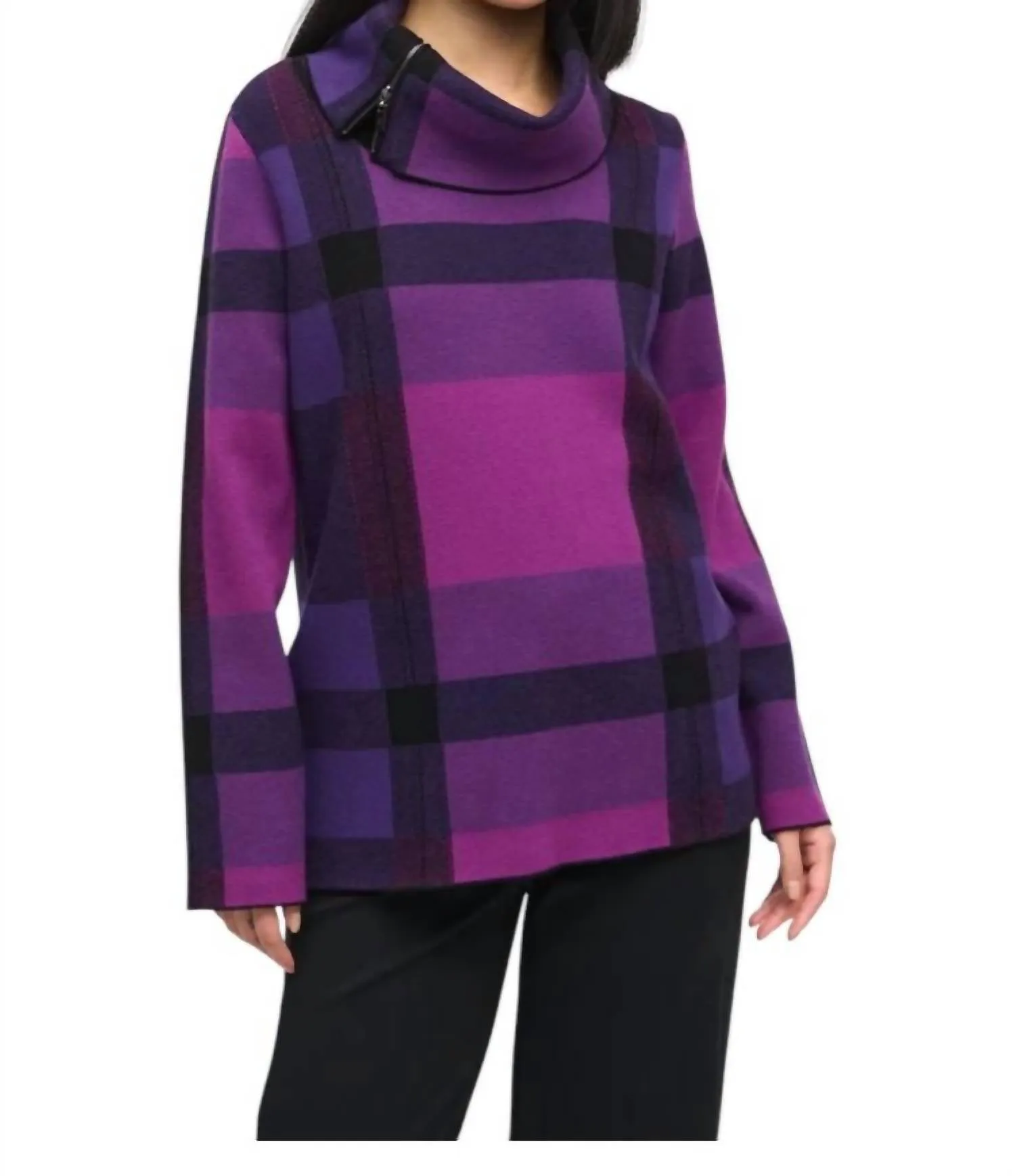 Plaid Jacquard Cowl Neck Sweater In Empress/mystic/black