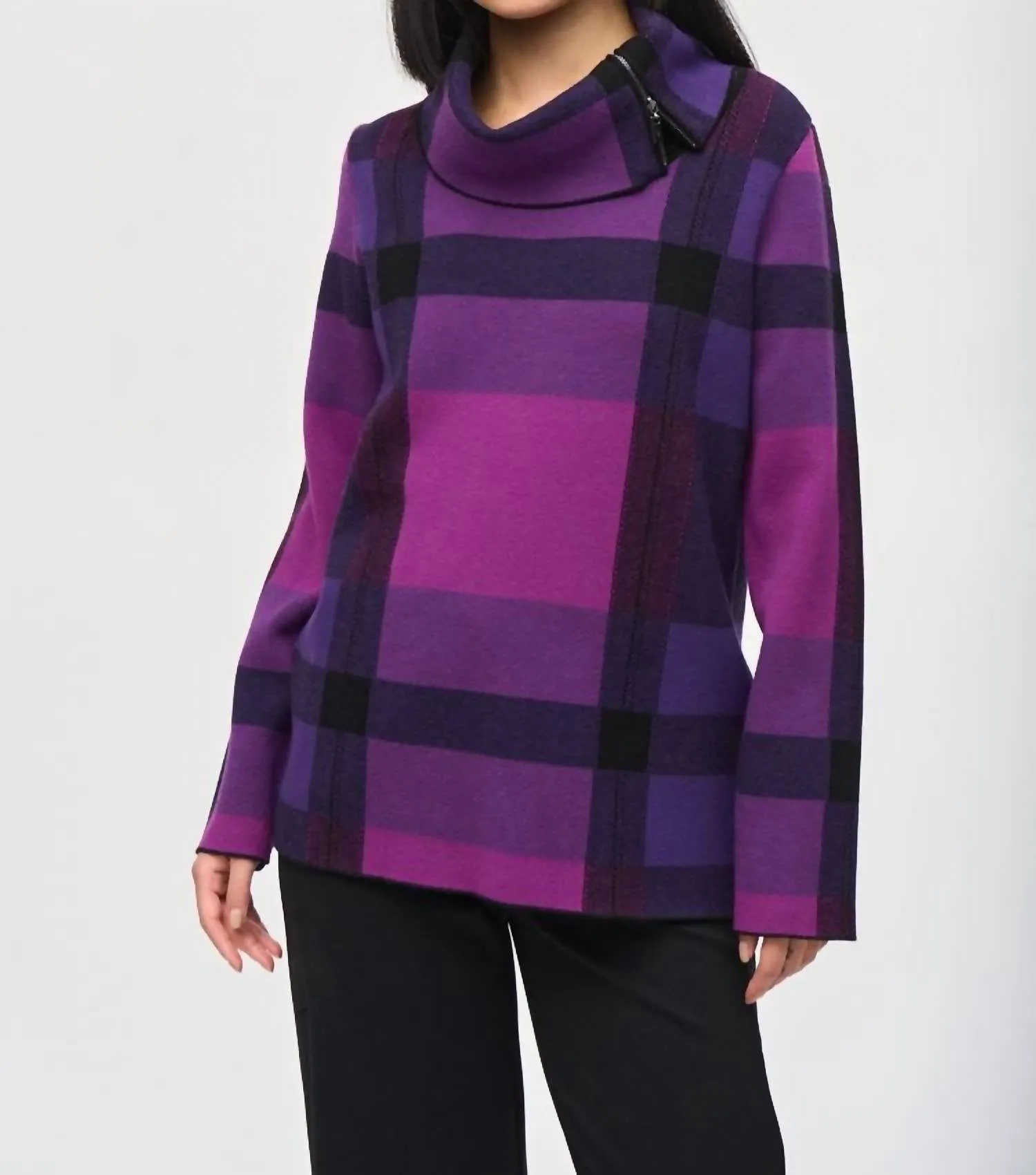 Plaid Jacquard Cowl Neck Sweater In Empress/mystic/black
