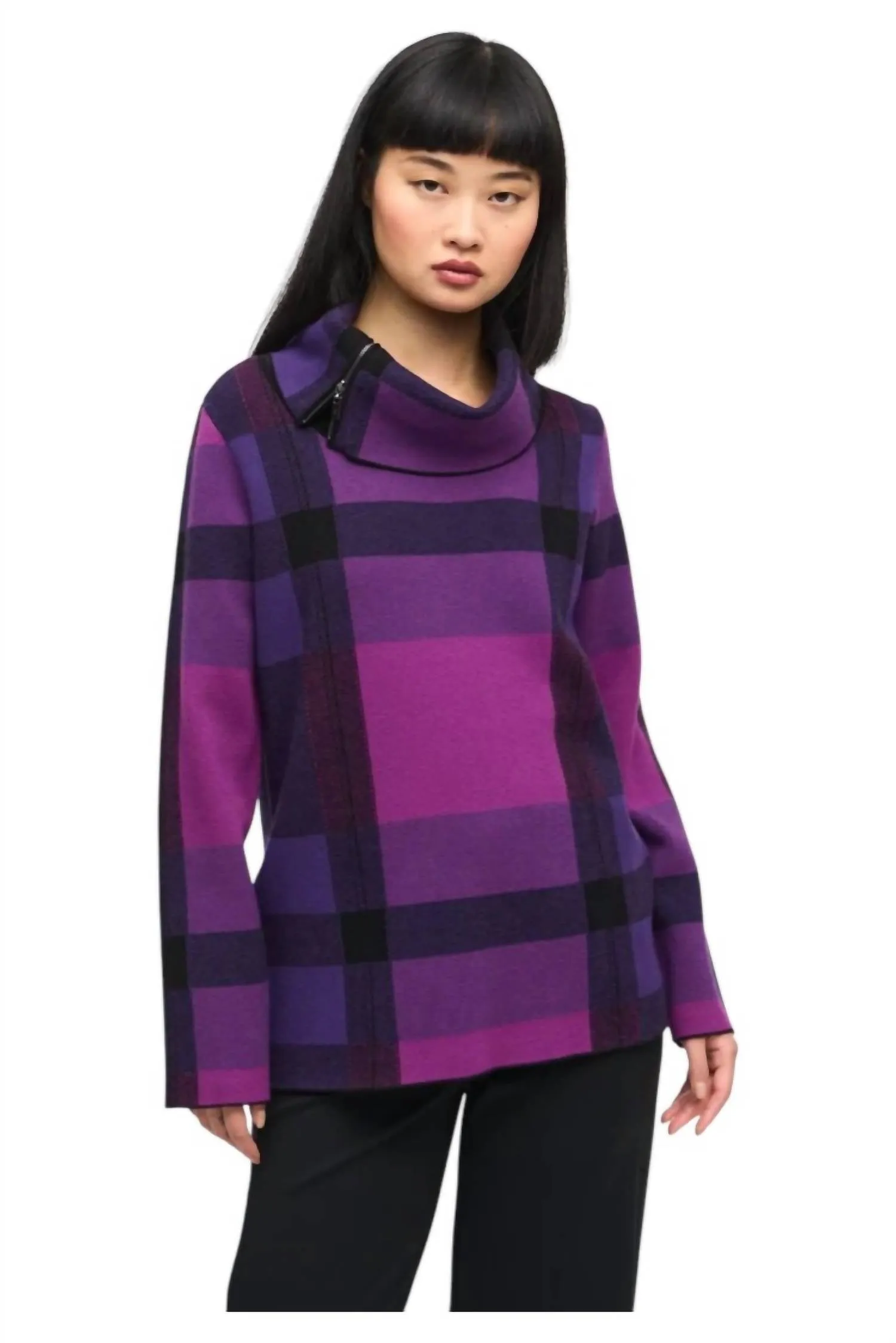 Plaid Jacquard Cowl Neck Sweater In Empress/mystic/black