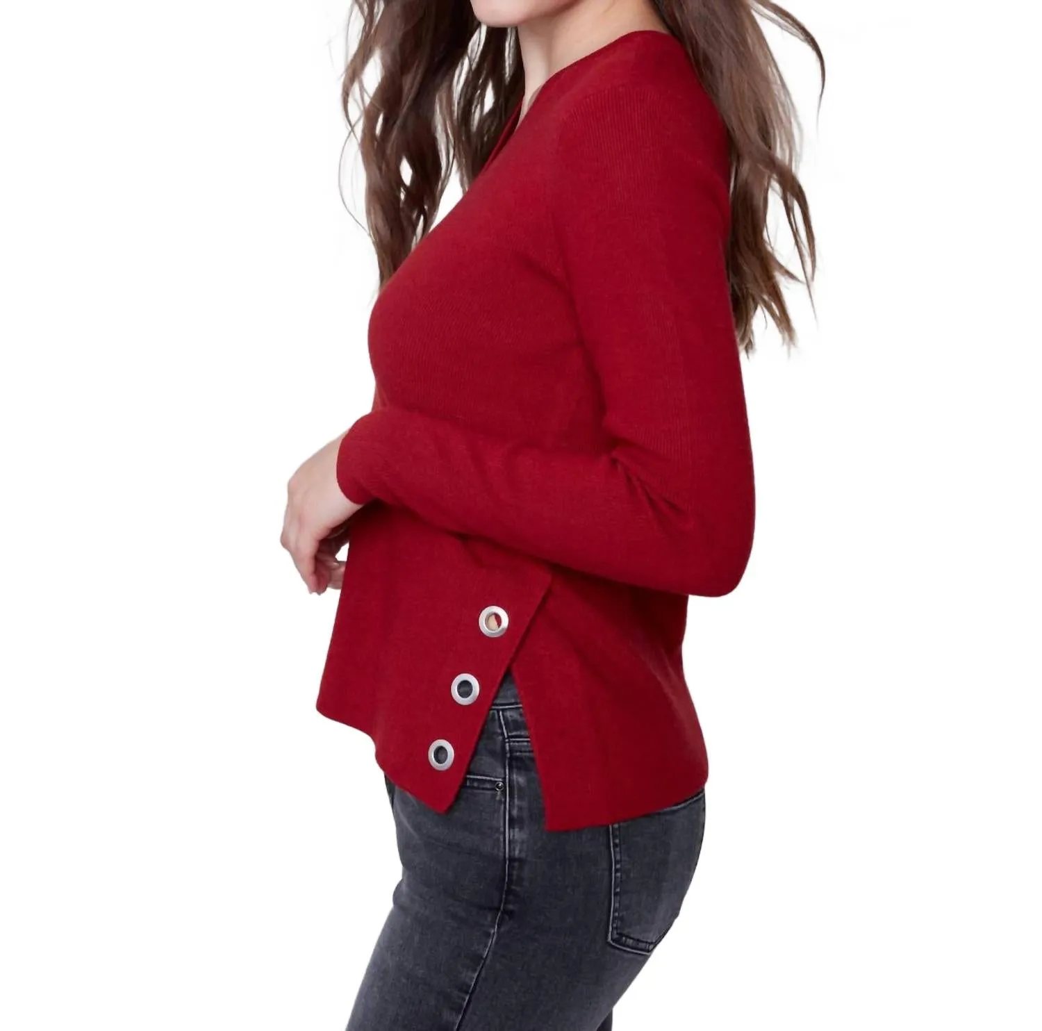 Plushy Knit Sweater With Grommets In Ruby