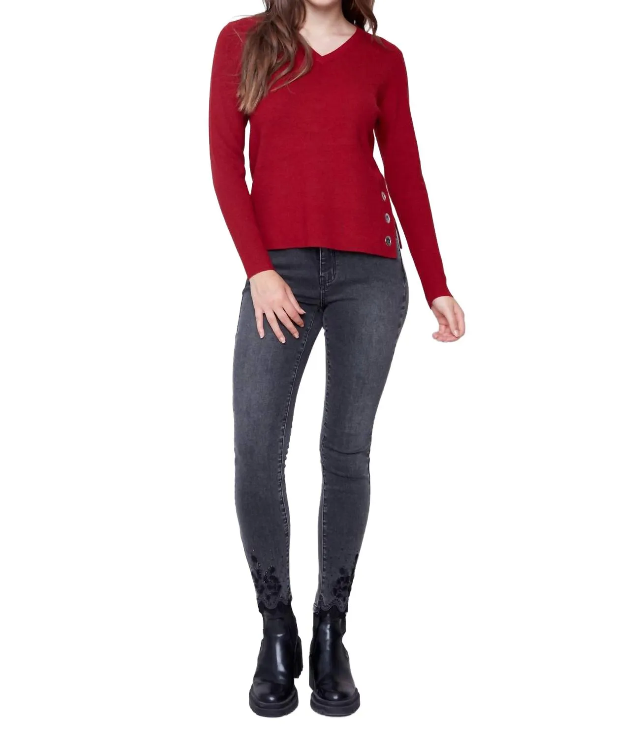 Plushy Knit Sweater With Grommets In Ruby