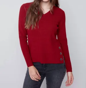 Plushy Knit Sweater With Grommets In Ruby
