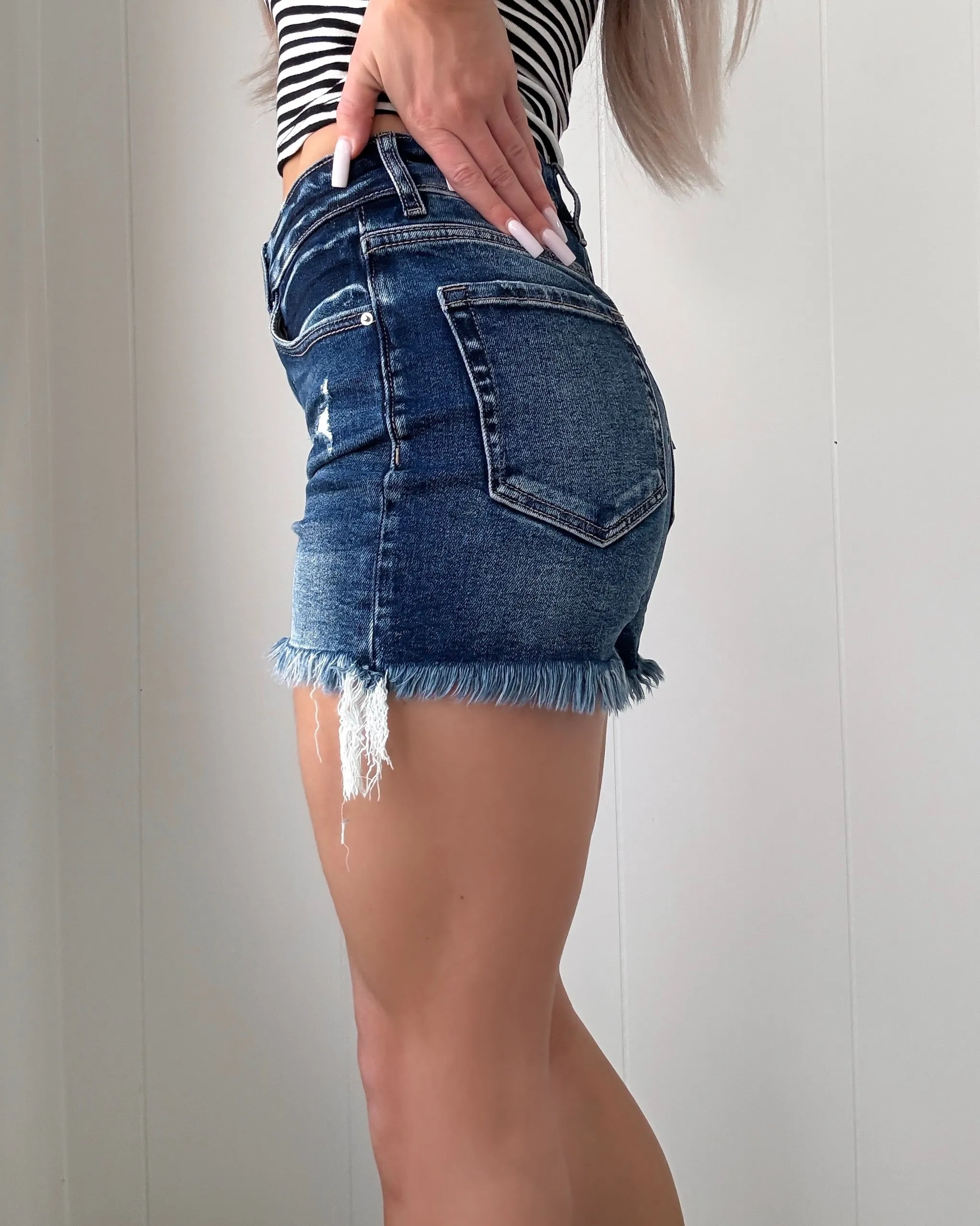 Rae Frayed Hem Denim Shorts - Dark Wash