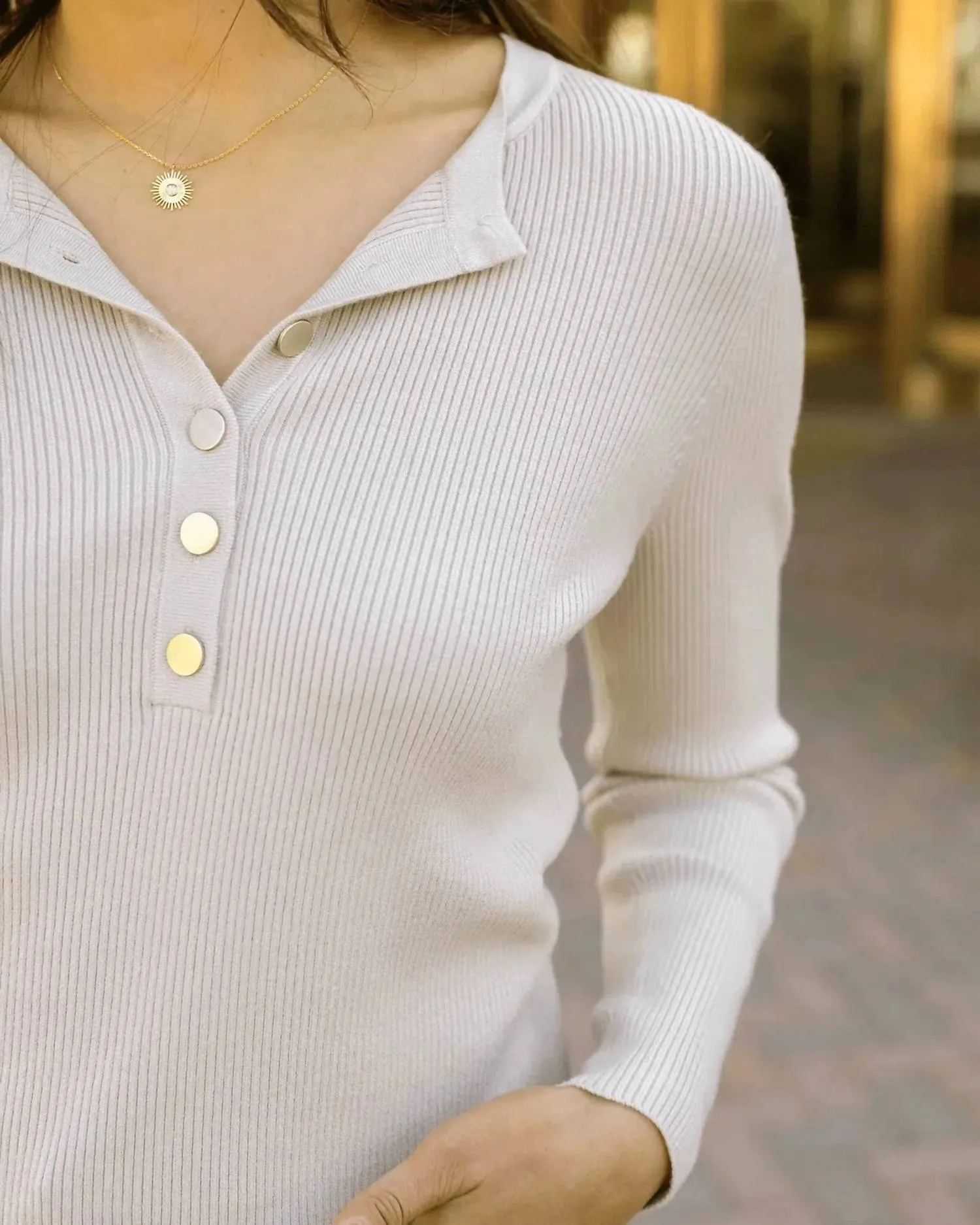 Ribbed Henley Sweater In Oatmeal