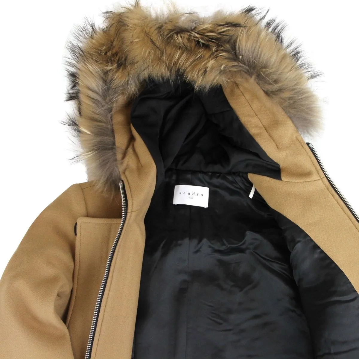Sandro Women's Camel Kurt Wool Coat Fur Trim Women's Hood