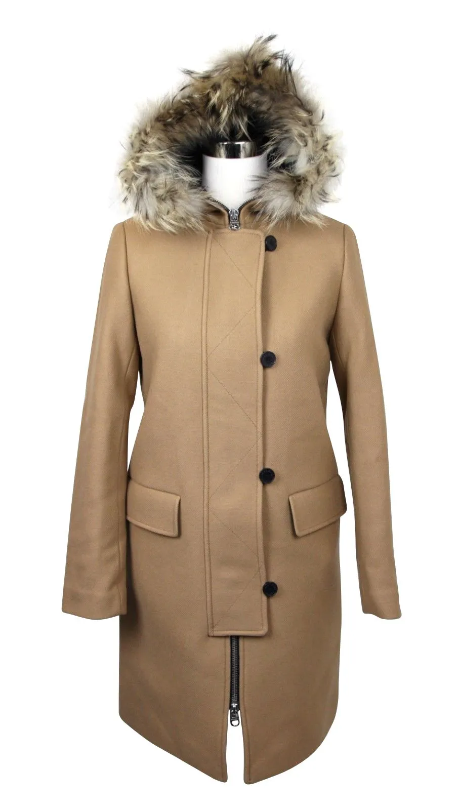 Sandro Women's Camel Kurt Wool Coat Fur Trim Women's Hood