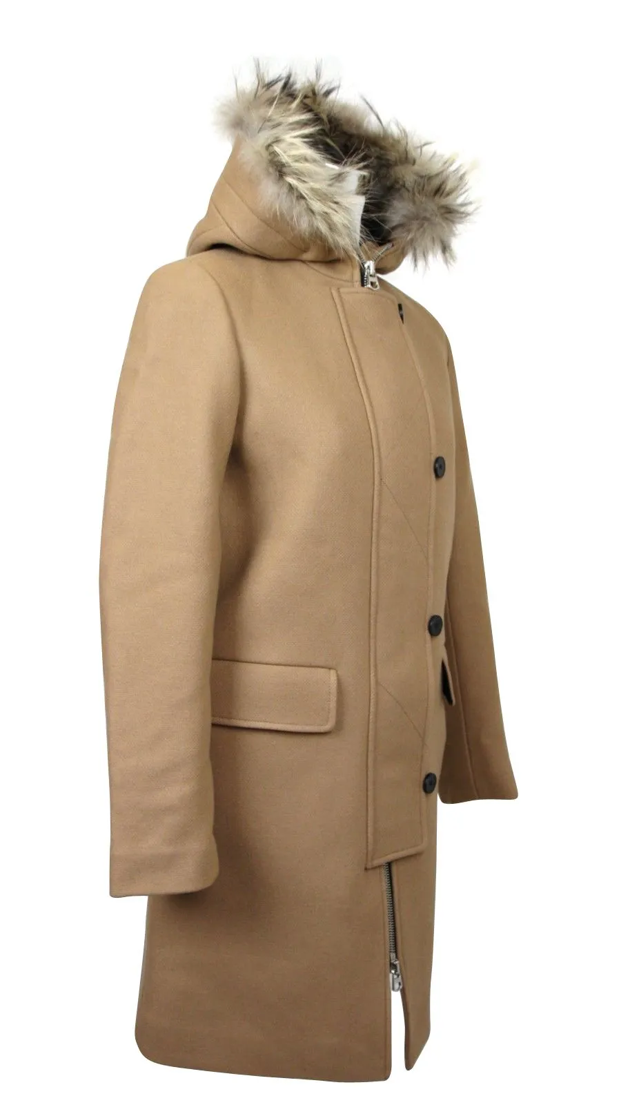 Sandro Women's Camel Kurt Wool Coat Fur Trim Women's Hood