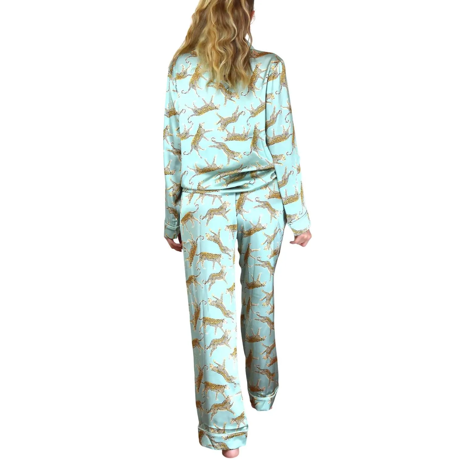 Satin Pant Pajama Set In Sage Leopard