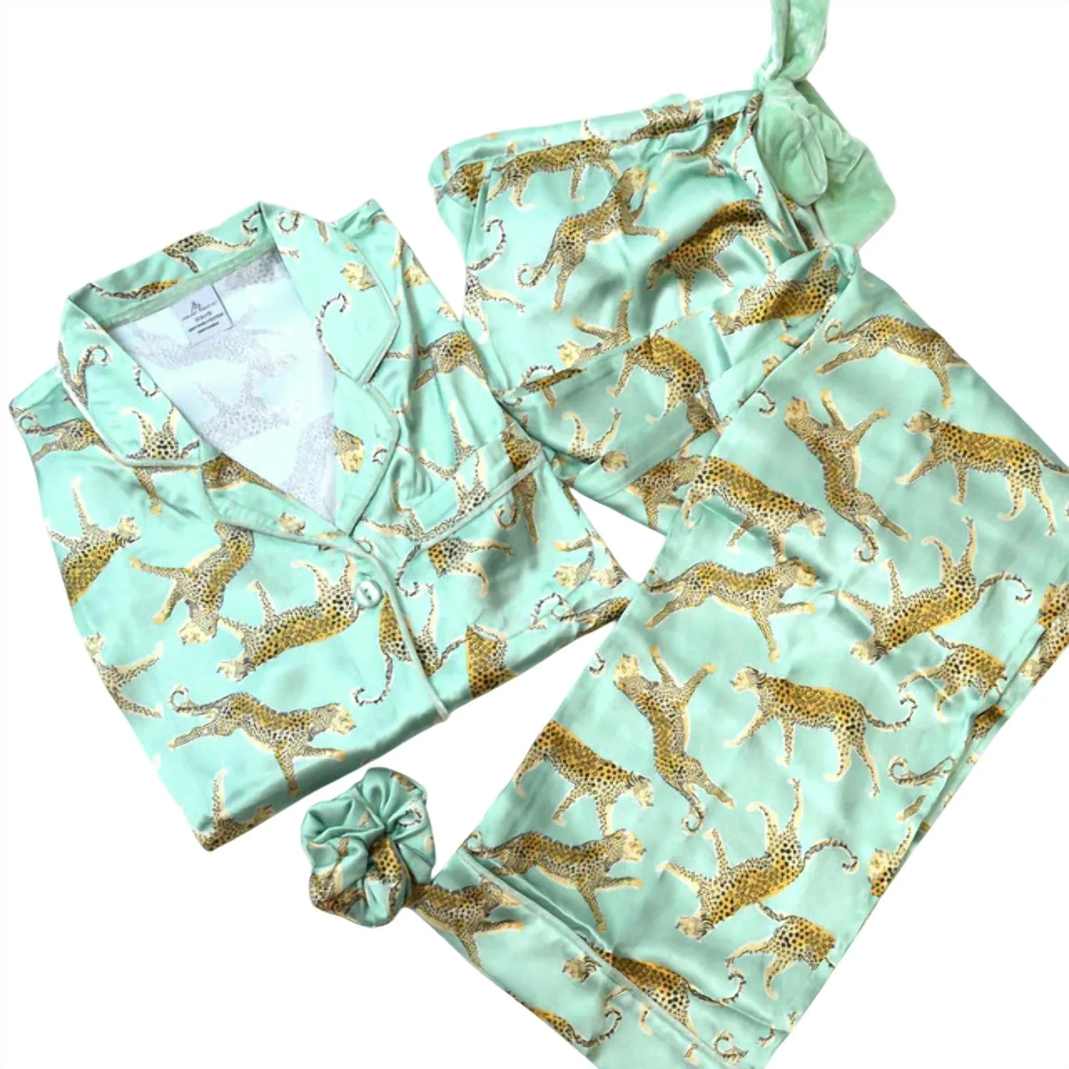 Satin Pant Pajama Set In Sage Leopard